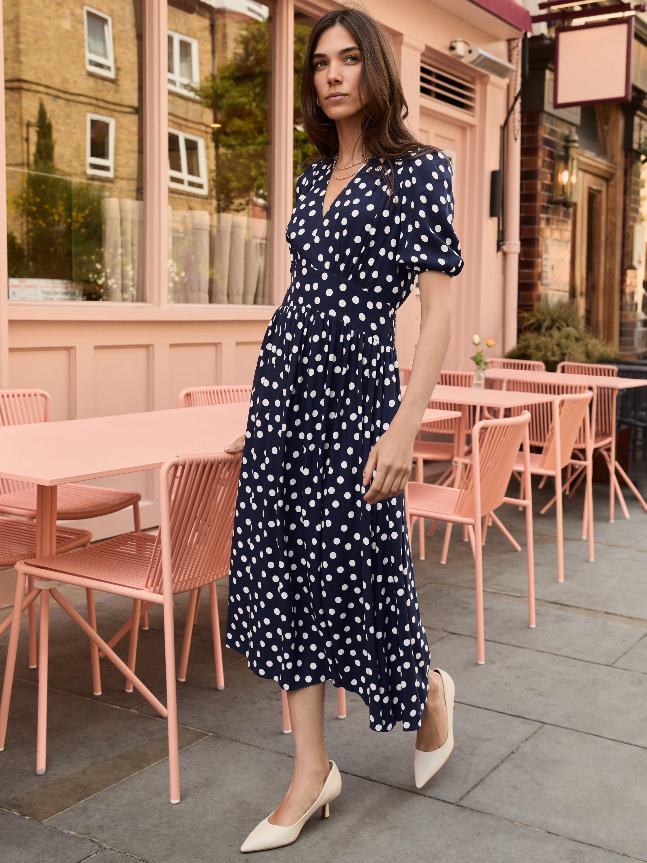 Product image 2 of 5, which shows Baukjen Lina Polka Dot Midi Dress, Navy/Multi, 10