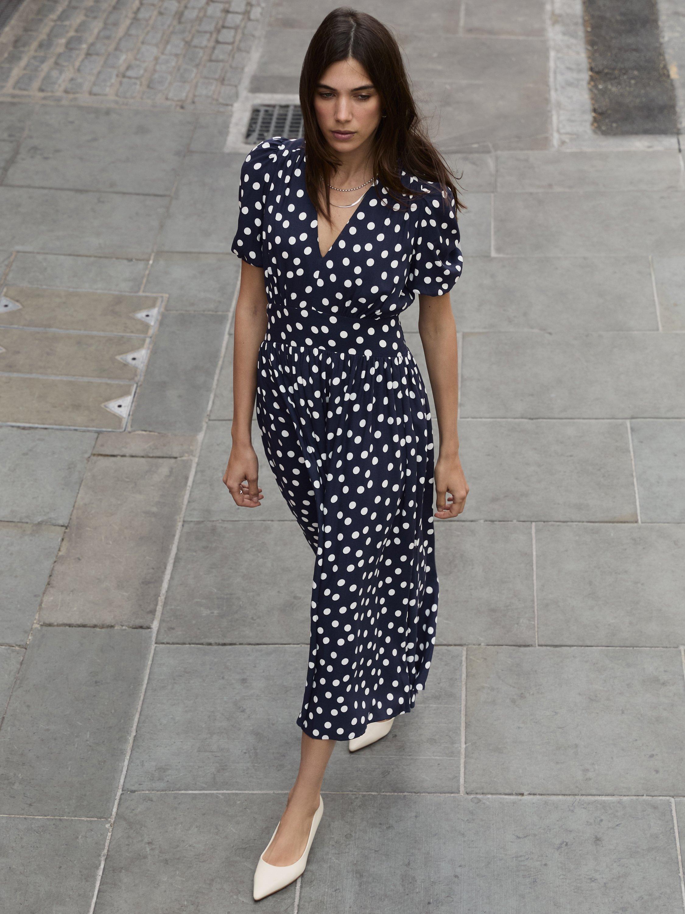 Product image 3 of 5, which shows Baukjen Lina Polka Dot Midi Dress, Navy/Multi, 10