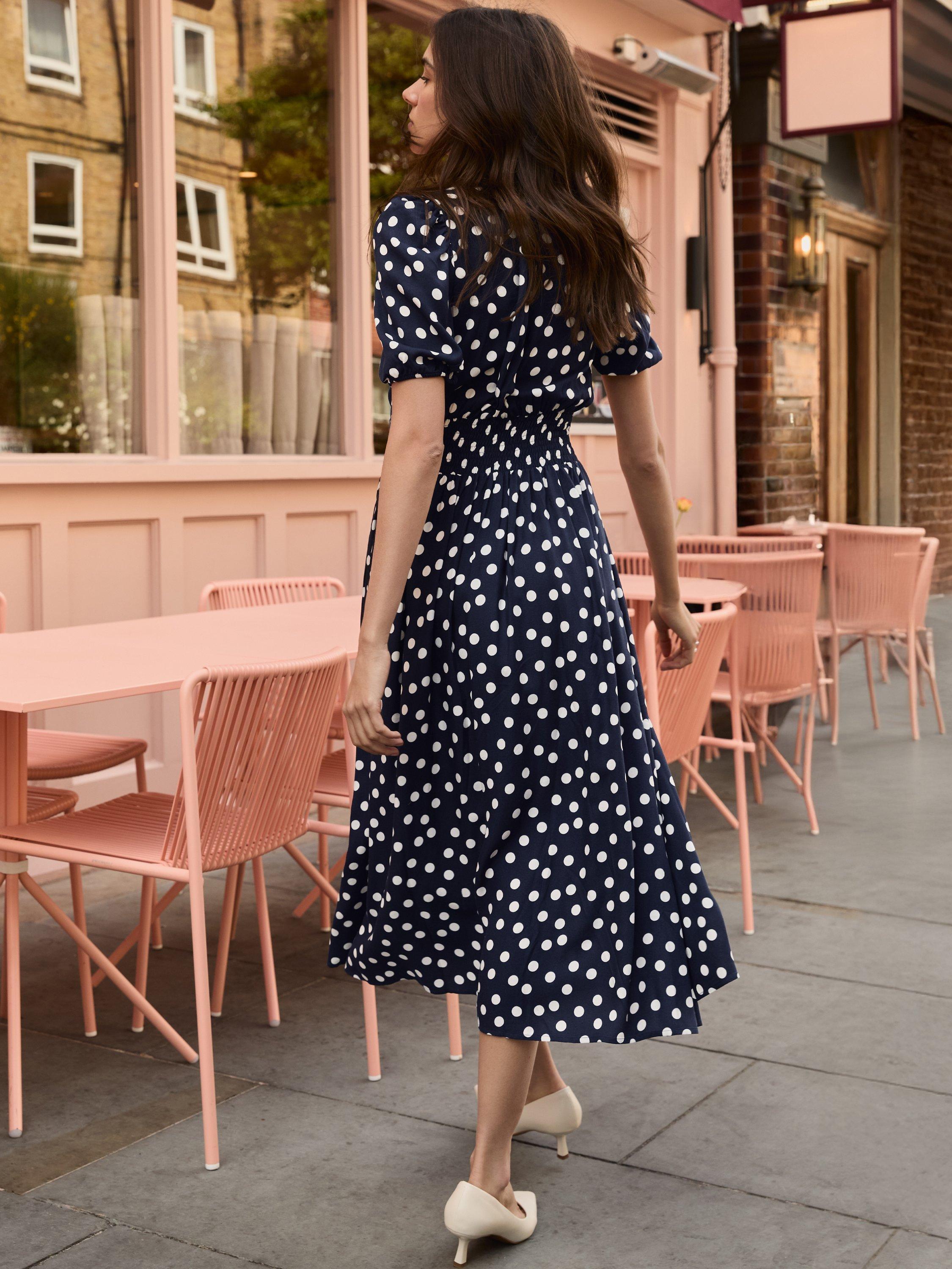 Product image 4 of 5, which shows Baukjen Lina Polka Dot Midi Dress, Navy/Multi, 10