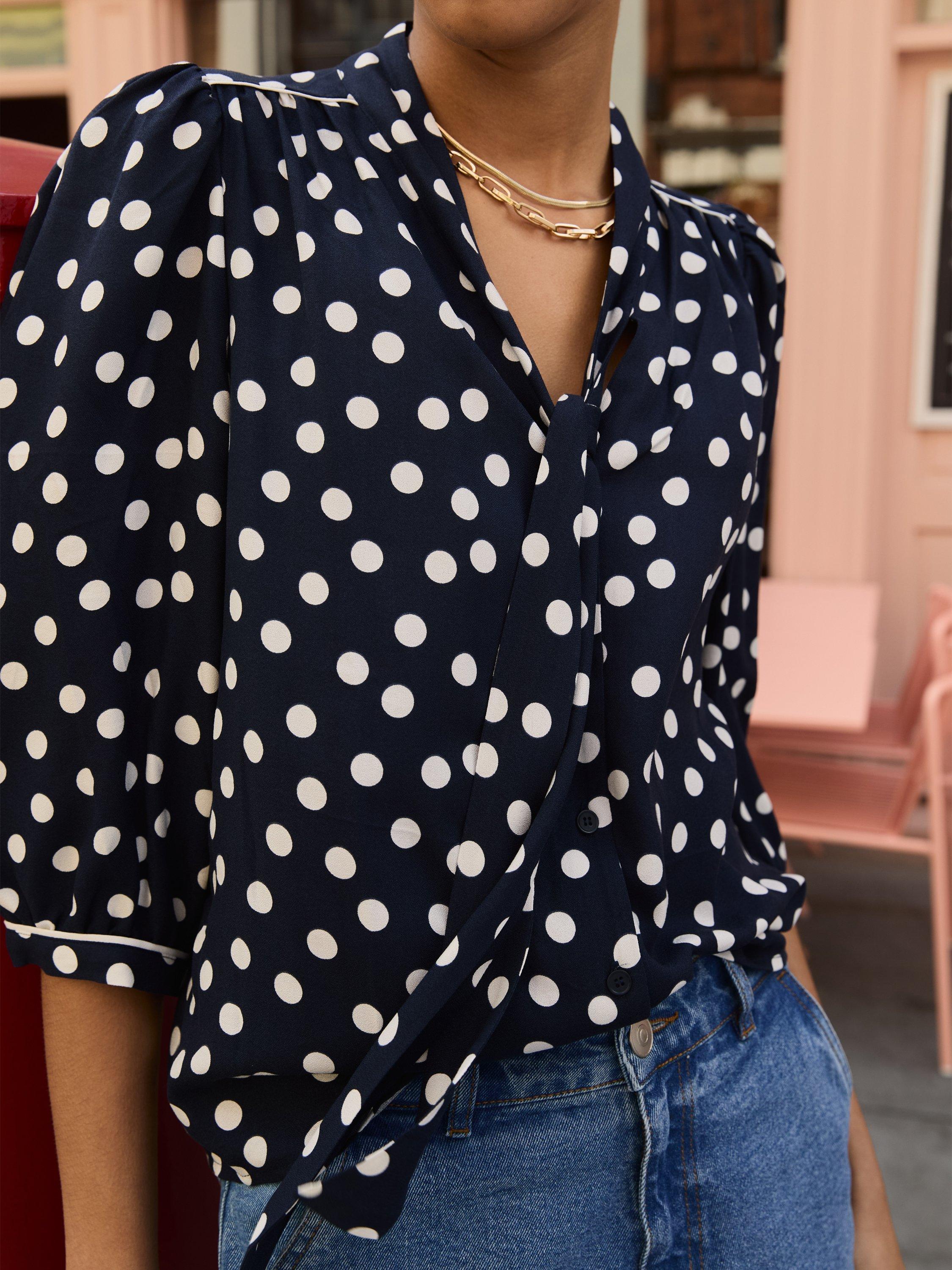 Long Sleeve Navy And White Polka Dot Blouse Navy White Polka Dot