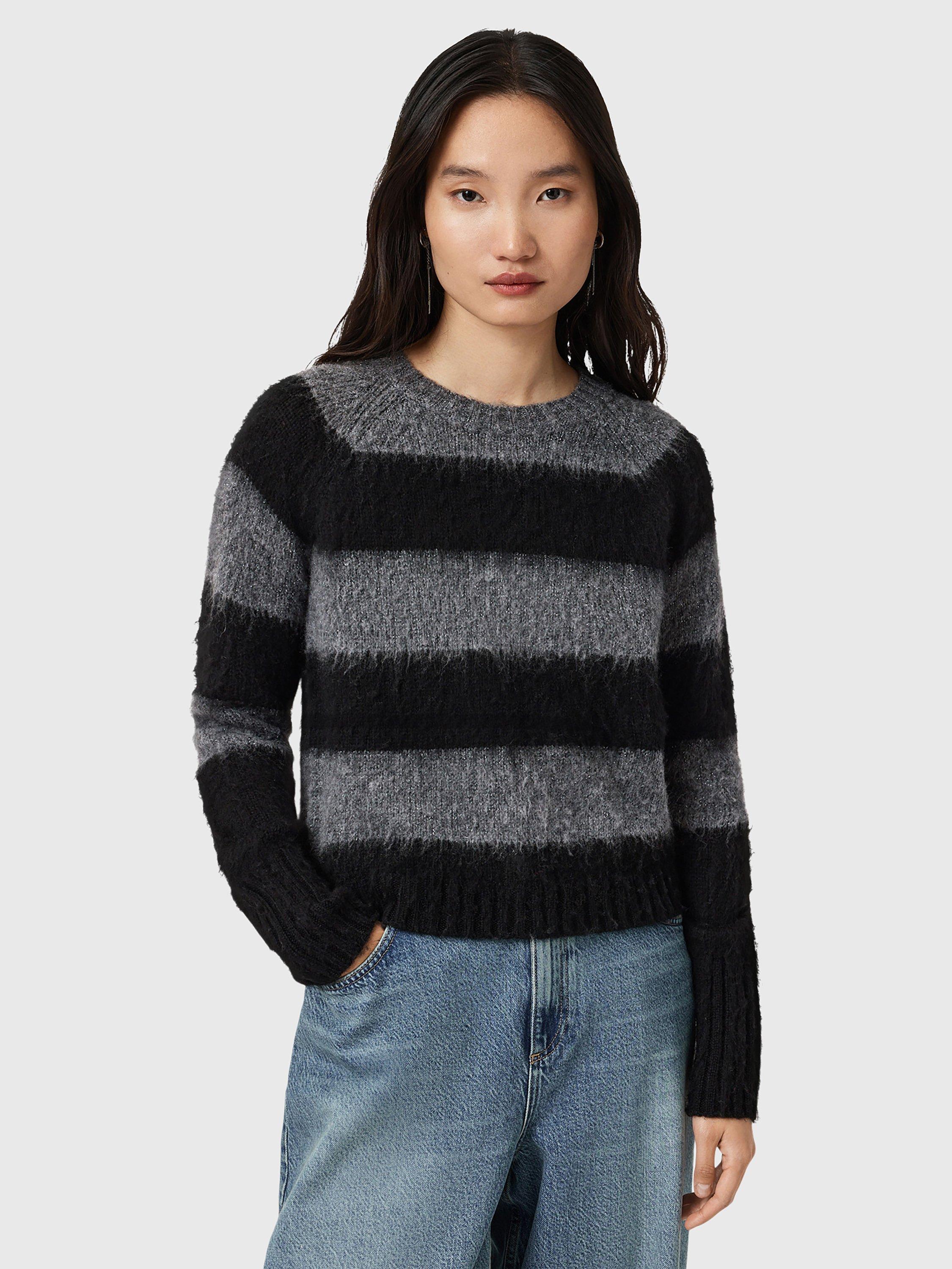 AllSaints Lou Sparkle Stripe Wool Blend Jumper, Black/Grey