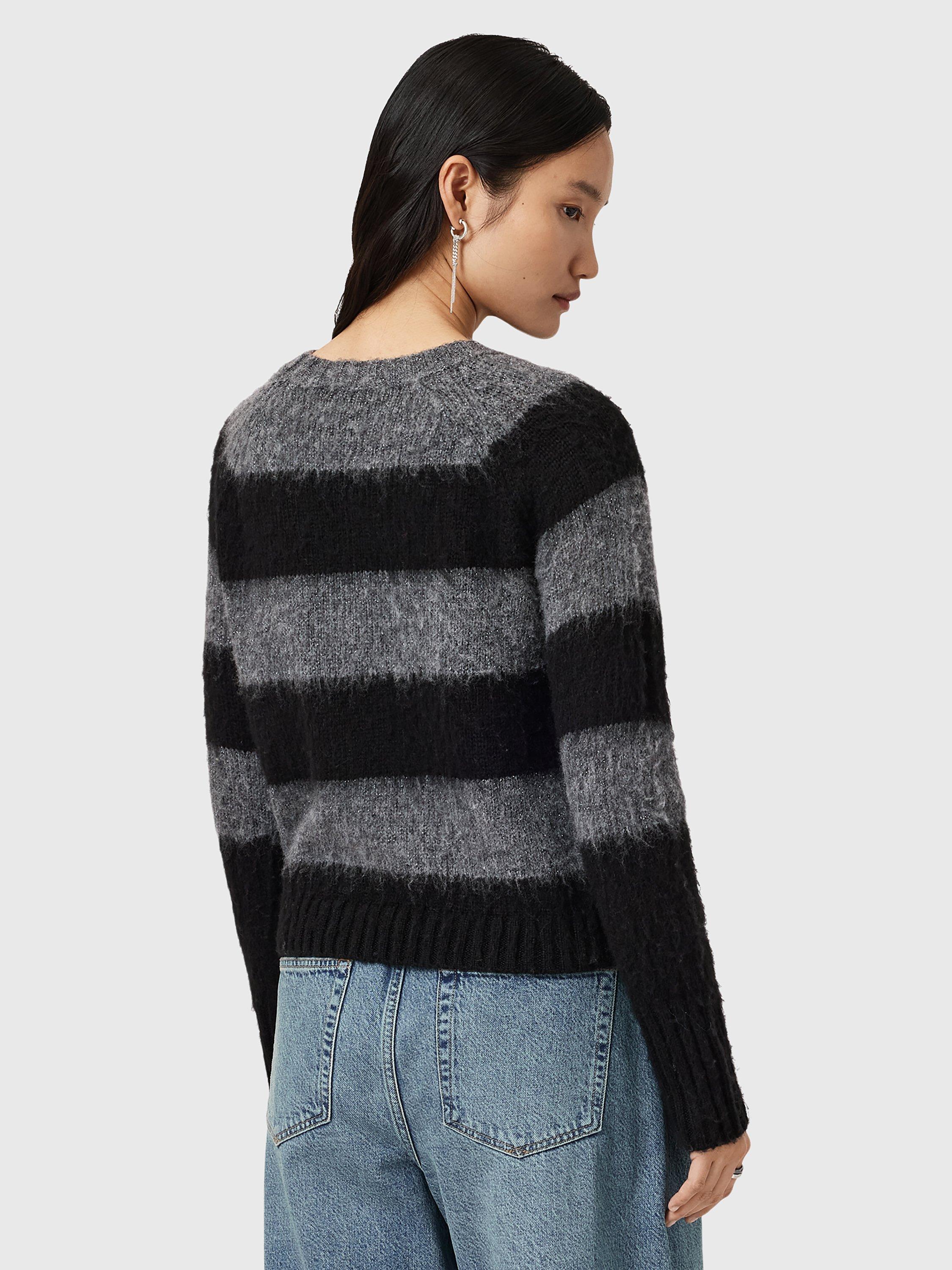 AllSaints Lou Sparkle Stripe Wool Blend Jumper, Black/Grey