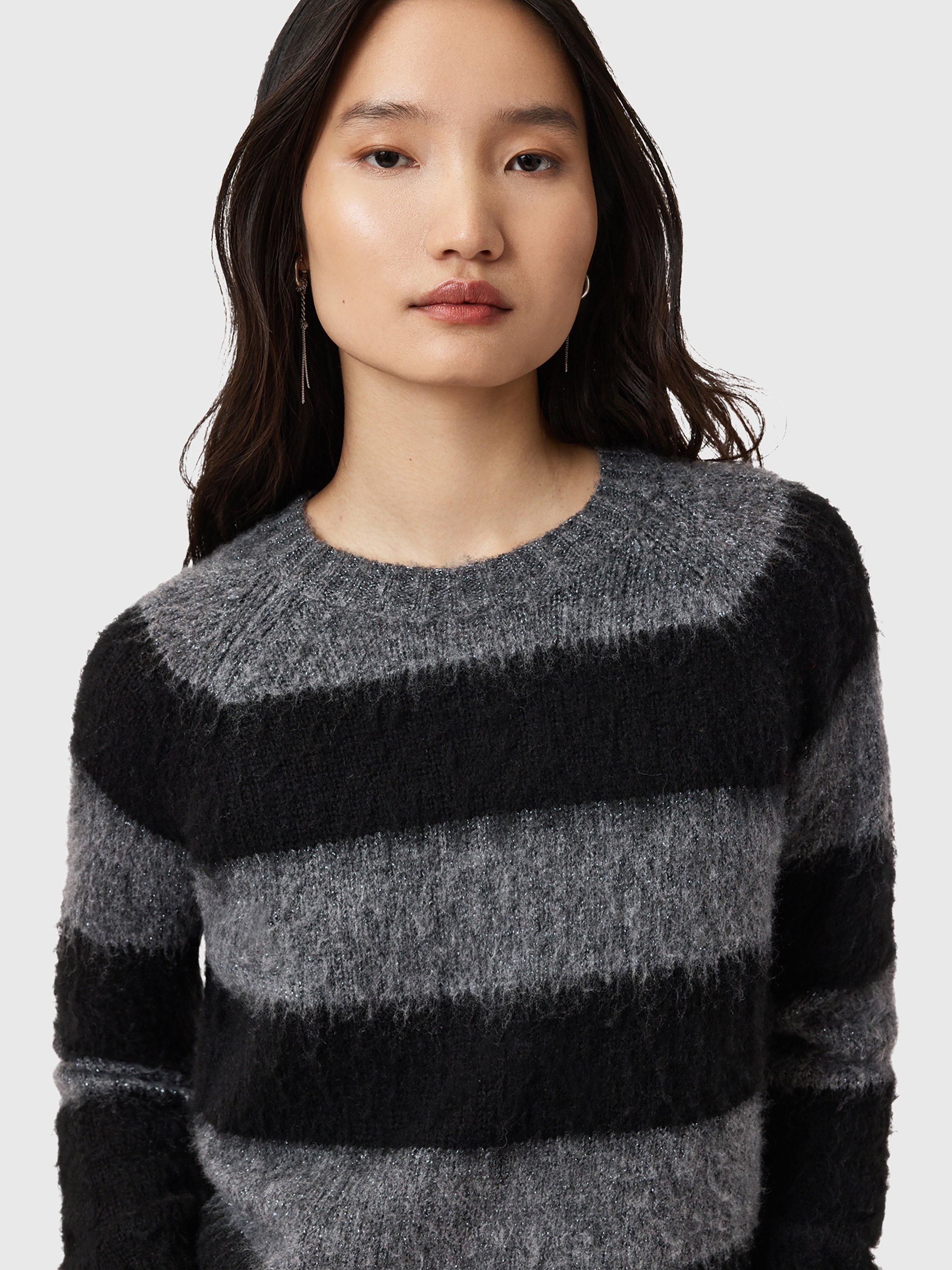 AllSaints Lou Sparkle Stripe Wool Blend Jumper, Black/Grey