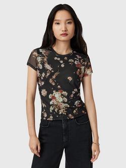 AllSaints Ellie Floral Mesh T-Shirt, Armada Black/Multi, Armada Black/Multi