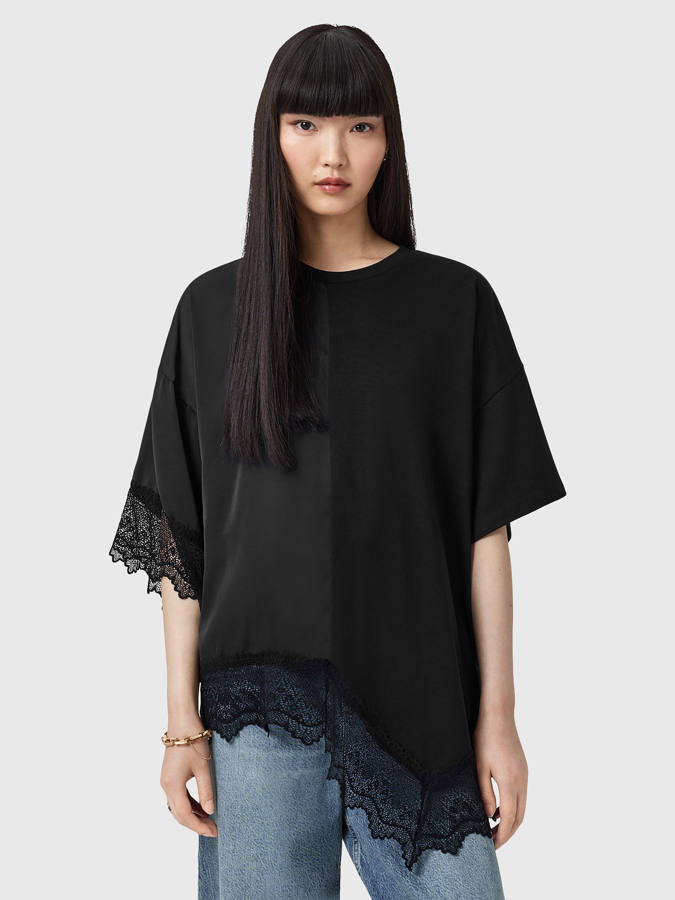 AllSaints Lenny Lace Trim Asymmetric Hem T-Shirt, Black