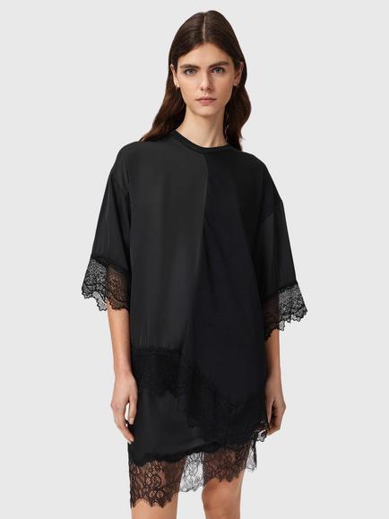 AllSaints Lenny Lace Trim Asymmetric Hem T-Shirt, Black, Black