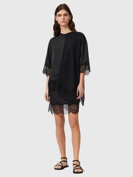 AllSaints Lenny Lace Trim Asymmetric Hem T-Shirt, Black - view 2, Black