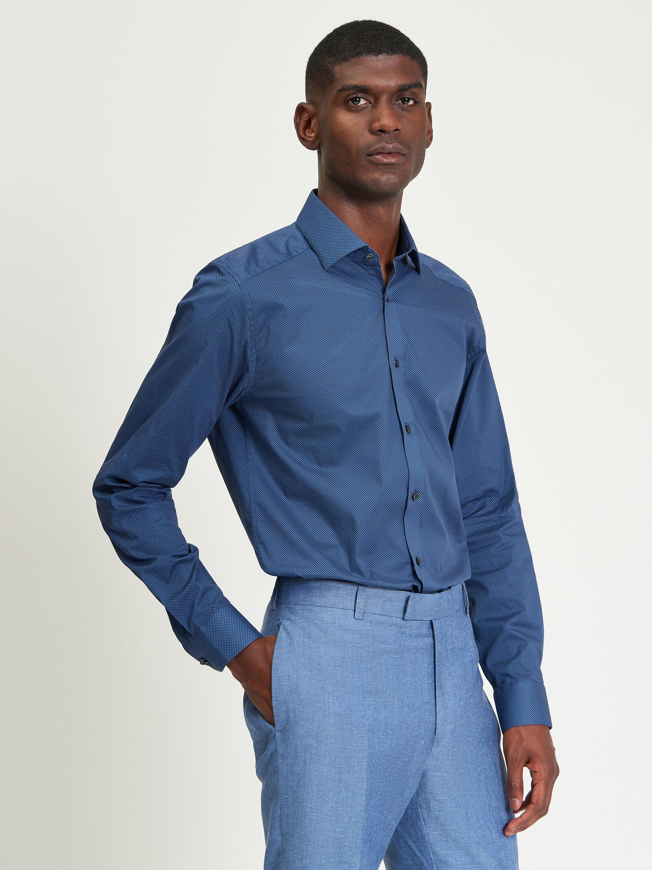 Product image 1 of 4, which shows Ben Sherman Cotton Blend Regular Fit Target Geo Print Formal Shirt, Navy, 15