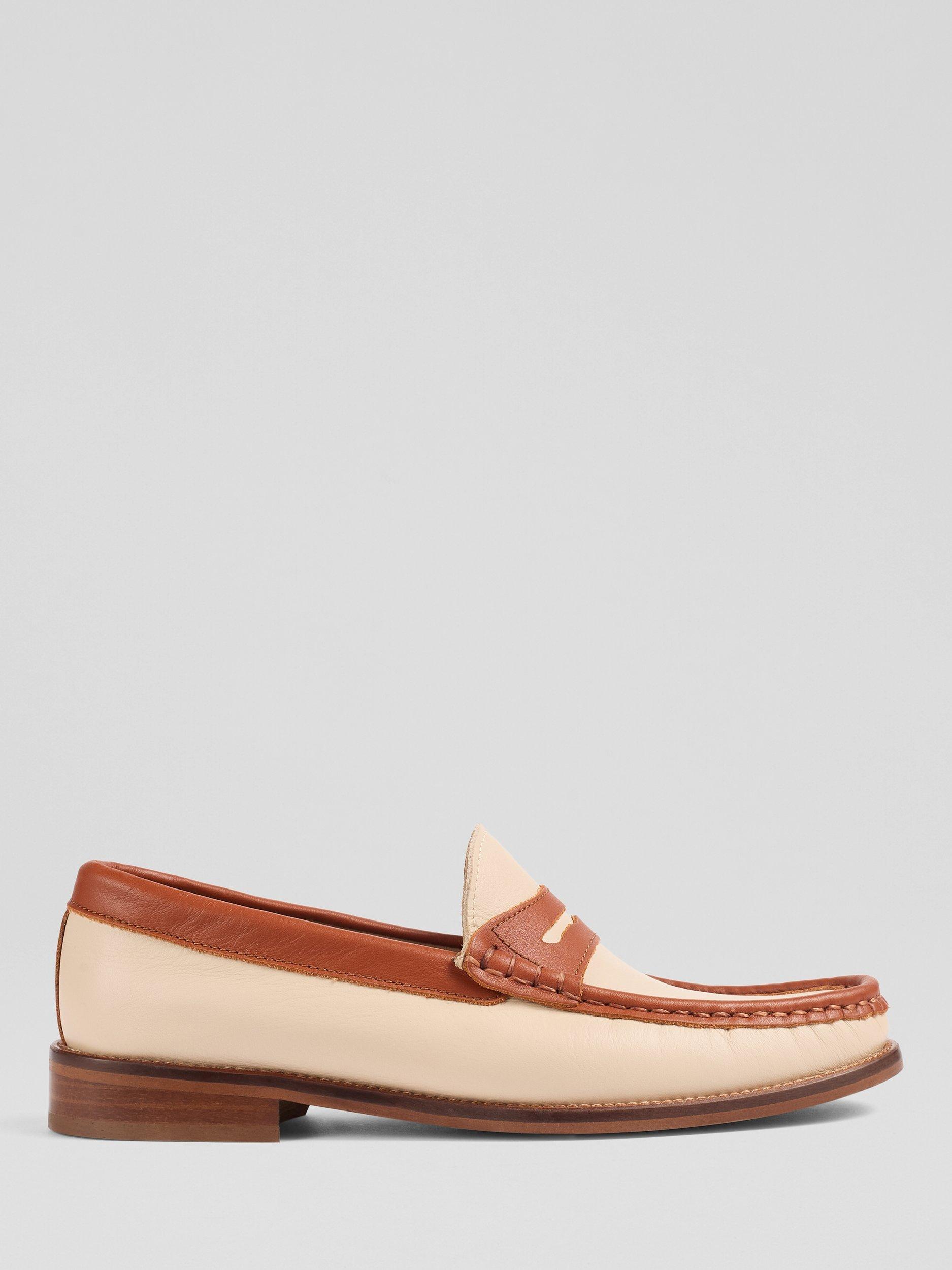 Product image 1 of 3, which shows L.K.Bennett Solaris Leather Moccasins, Tan/Cream, 2