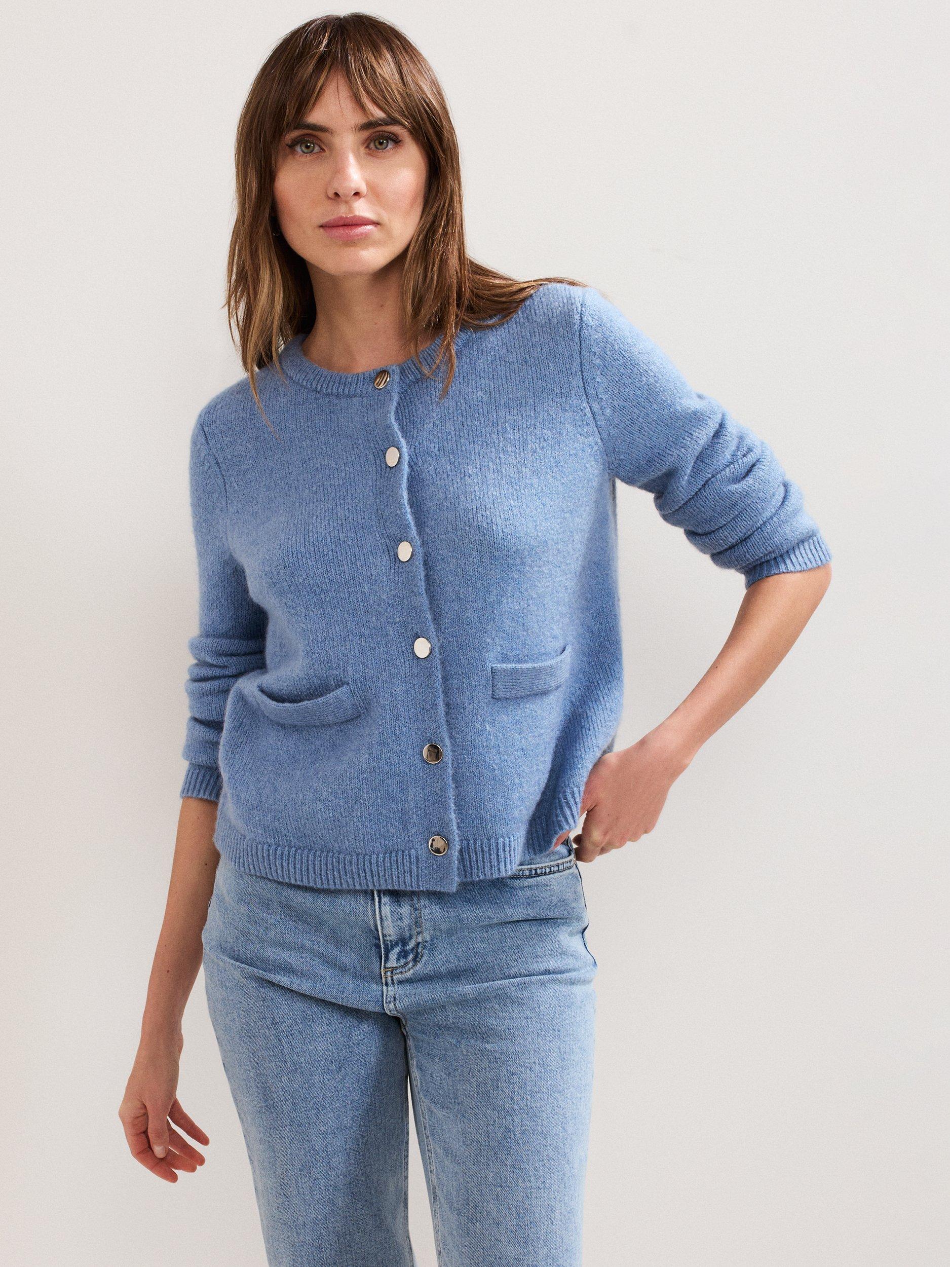 Product image 1 of 9, which shows Phase Eight Jade Round Neck Cardigan, Blue, S