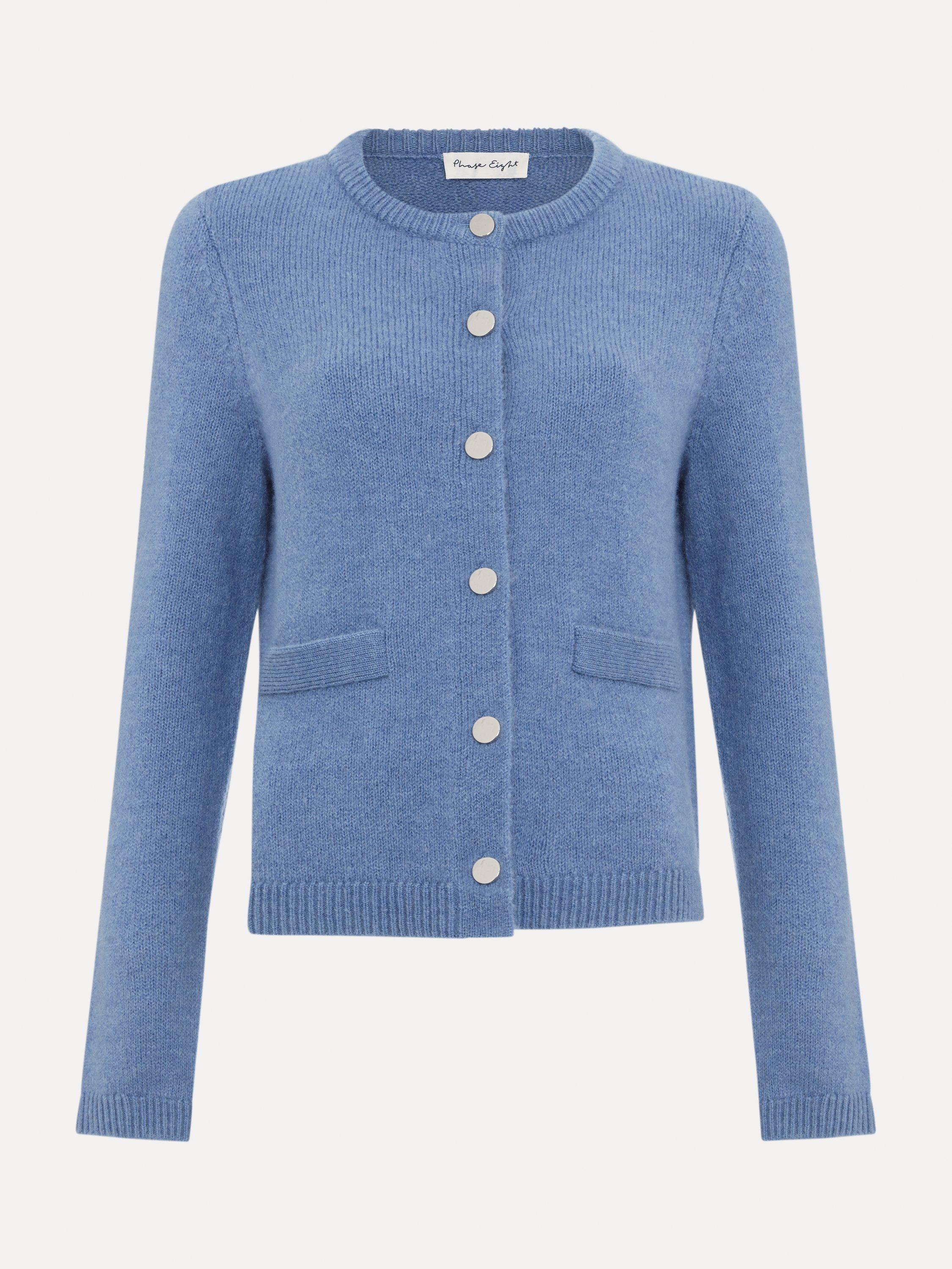Product image 5 of 9, which shows Phase Eight Jade Round Neck Cardigan, Blue, S