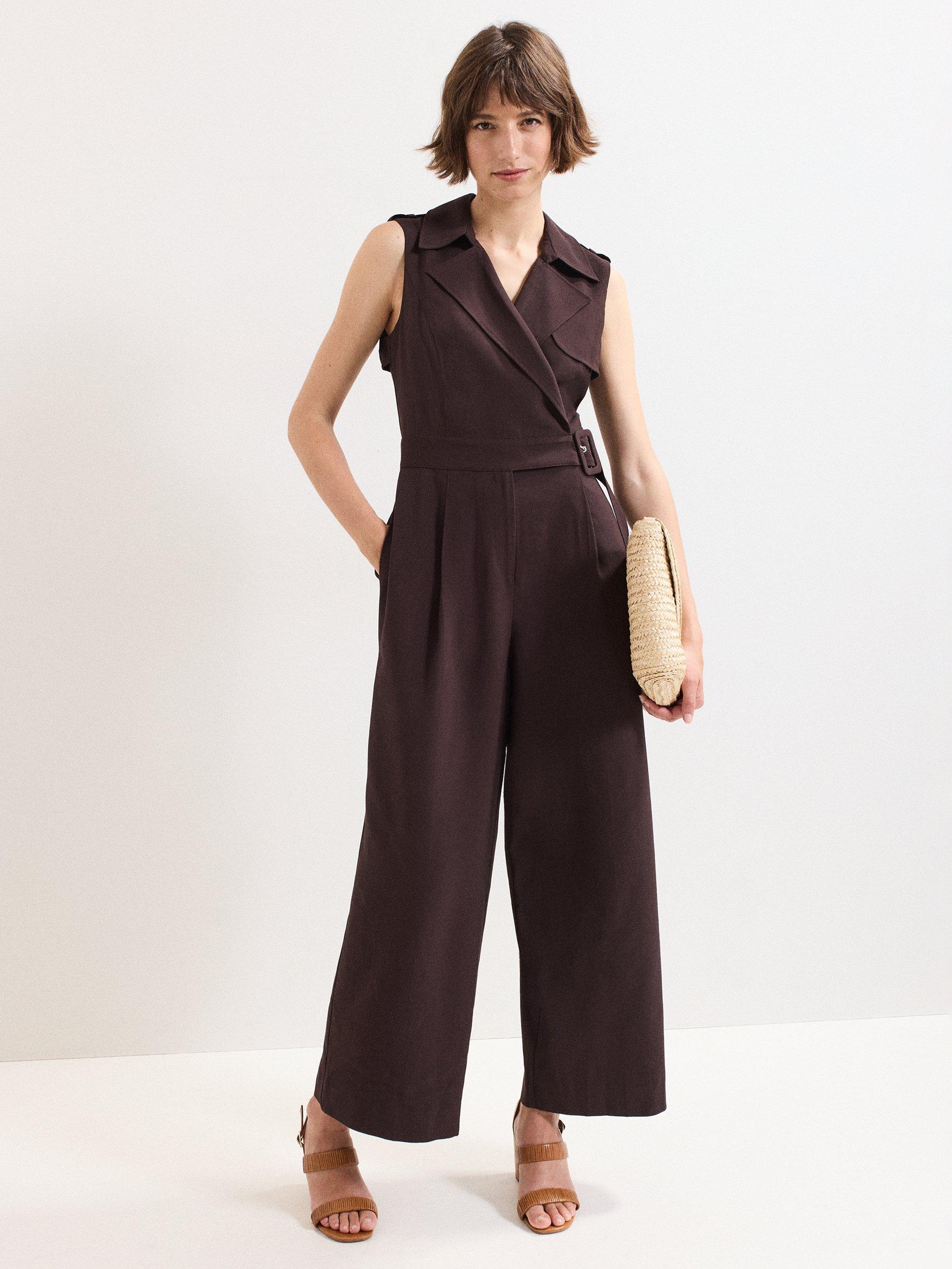 Product image 1 of 8, which shows Phase Eight Janita Sleeveless Jumpsuit, Brown, 6