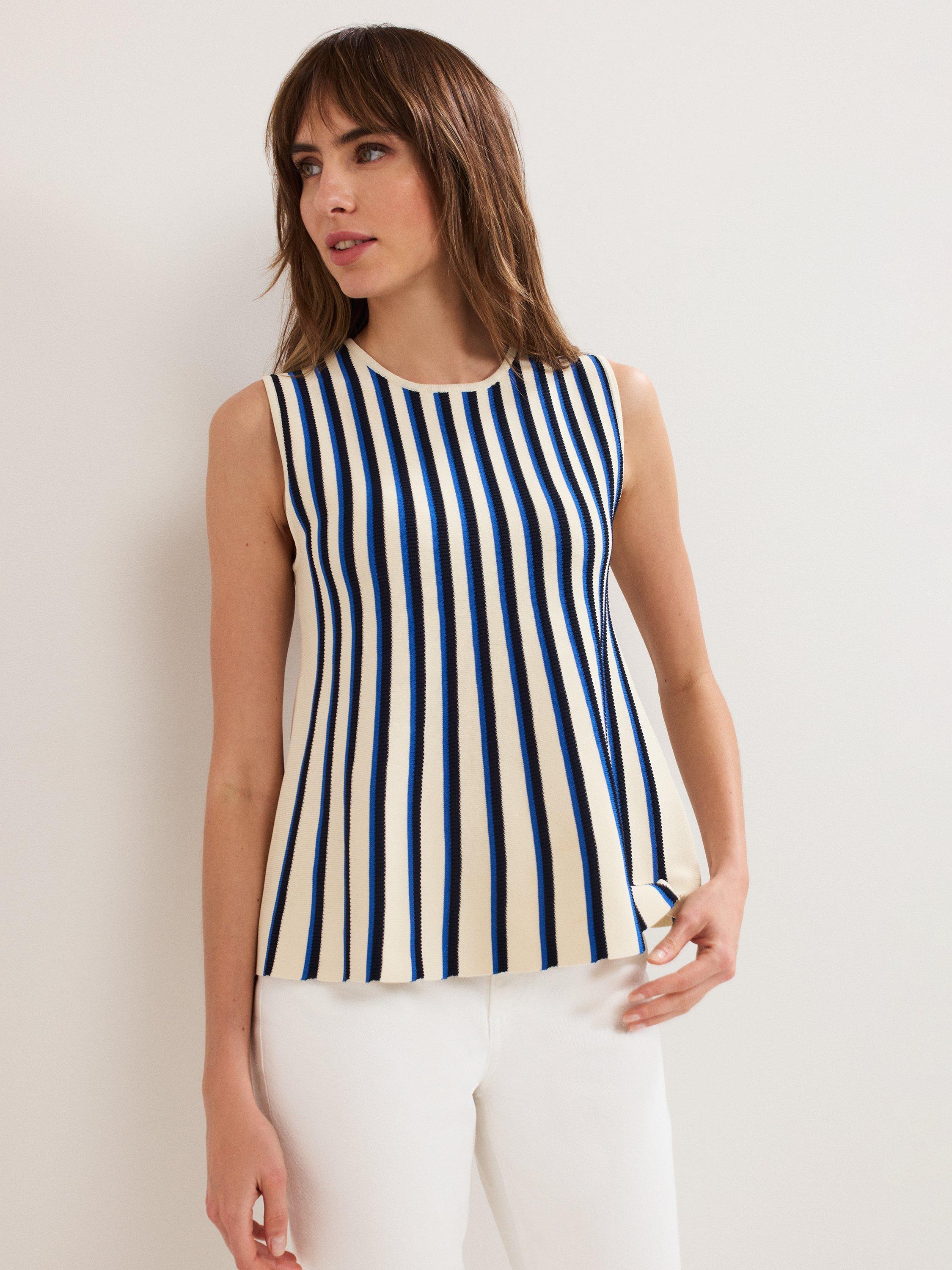 Product image 1 of 7, which shows Phase Eight Betsy Stripe Peplum Top, Navy/Ivory, XS