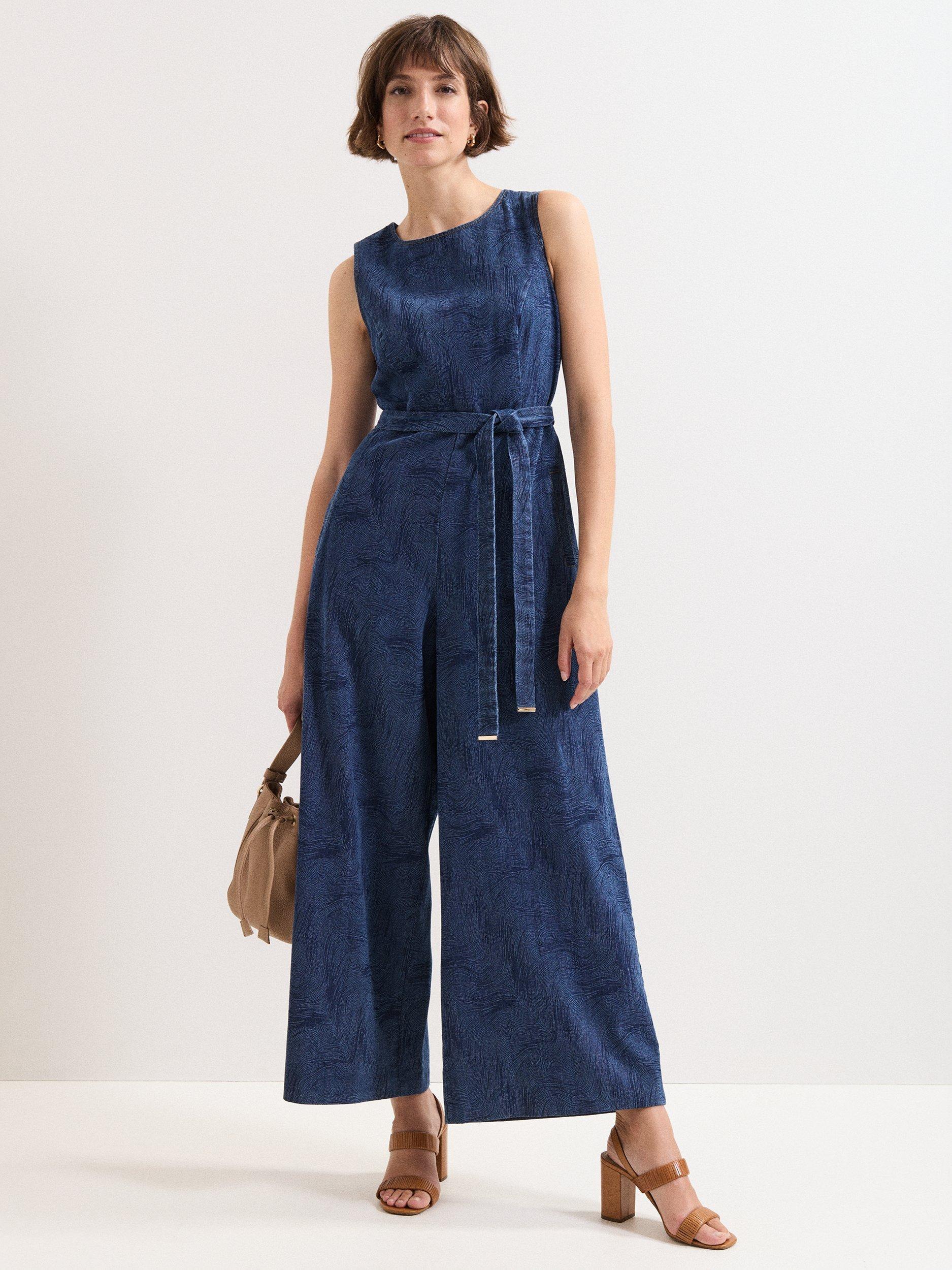 Product image 1 of 8, which shows Phase Eight Marta Swirl Sleeveless Jumpsuit, Indigo, 6