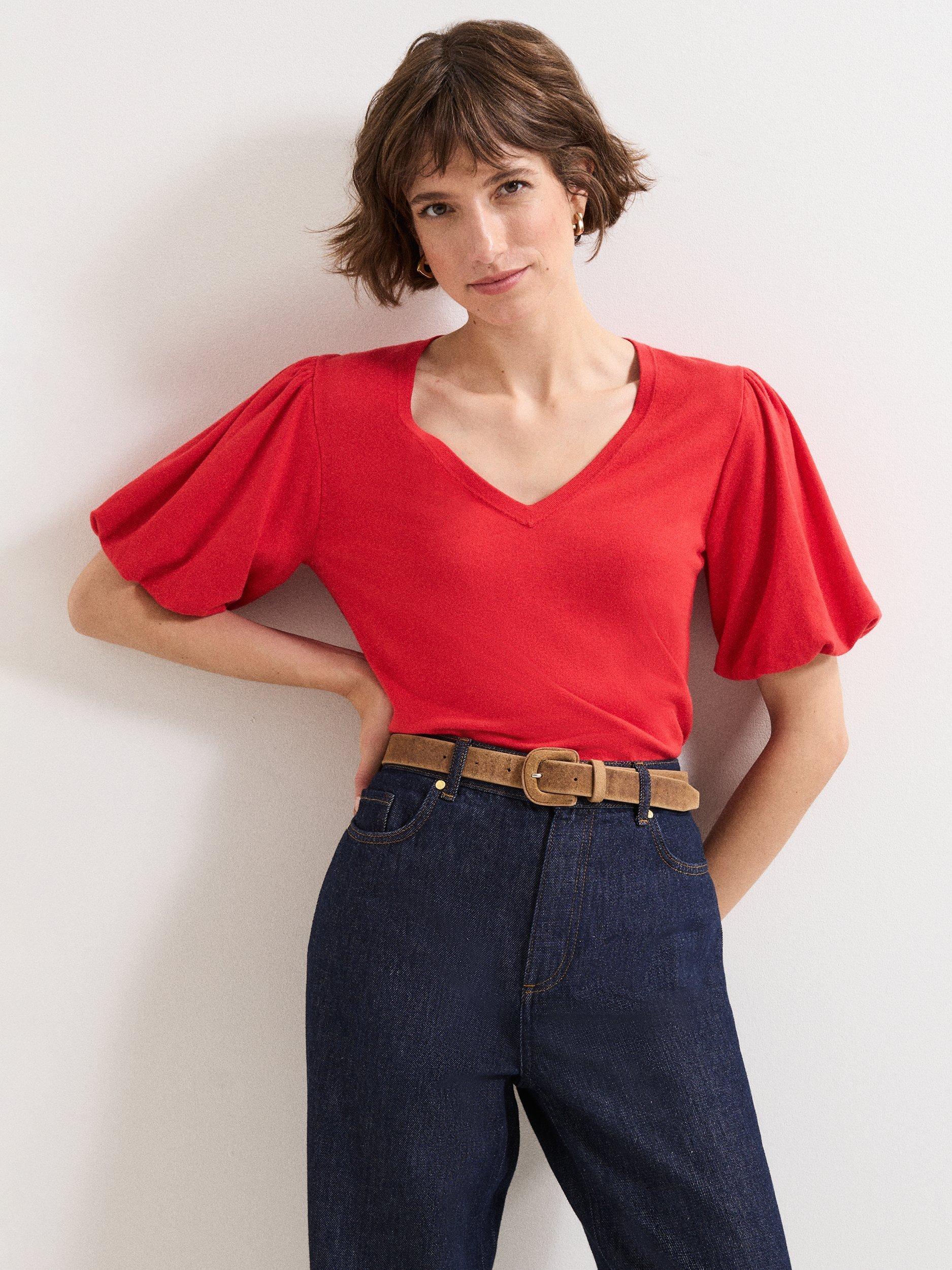 Product image 1 of 7, which shows Phase Eight Courtney V-Neck Top, Red, S