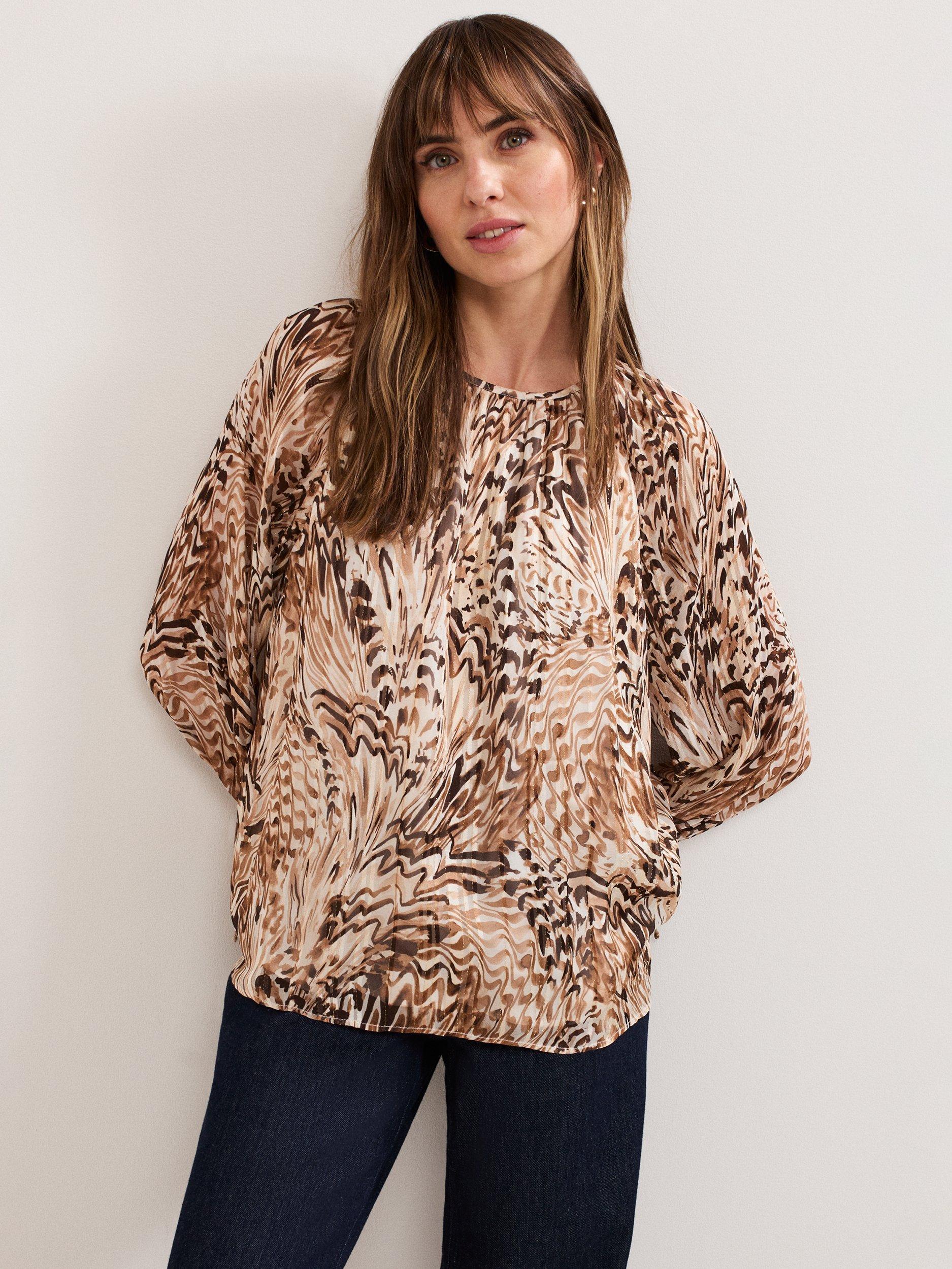 Product image 7 of 7, which shows Phase Eight Rafaella Abstract Print Blouse, Neutral, 8