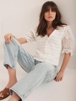 Mint Velvet Broderie Ruffle Shoulder Cardigan, White Ivory, White Ivory