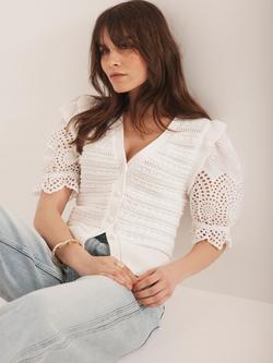 Mint Velvet Broderie Ruffle Shoulder Cardigan, White Ivory - view 2, White Ivory