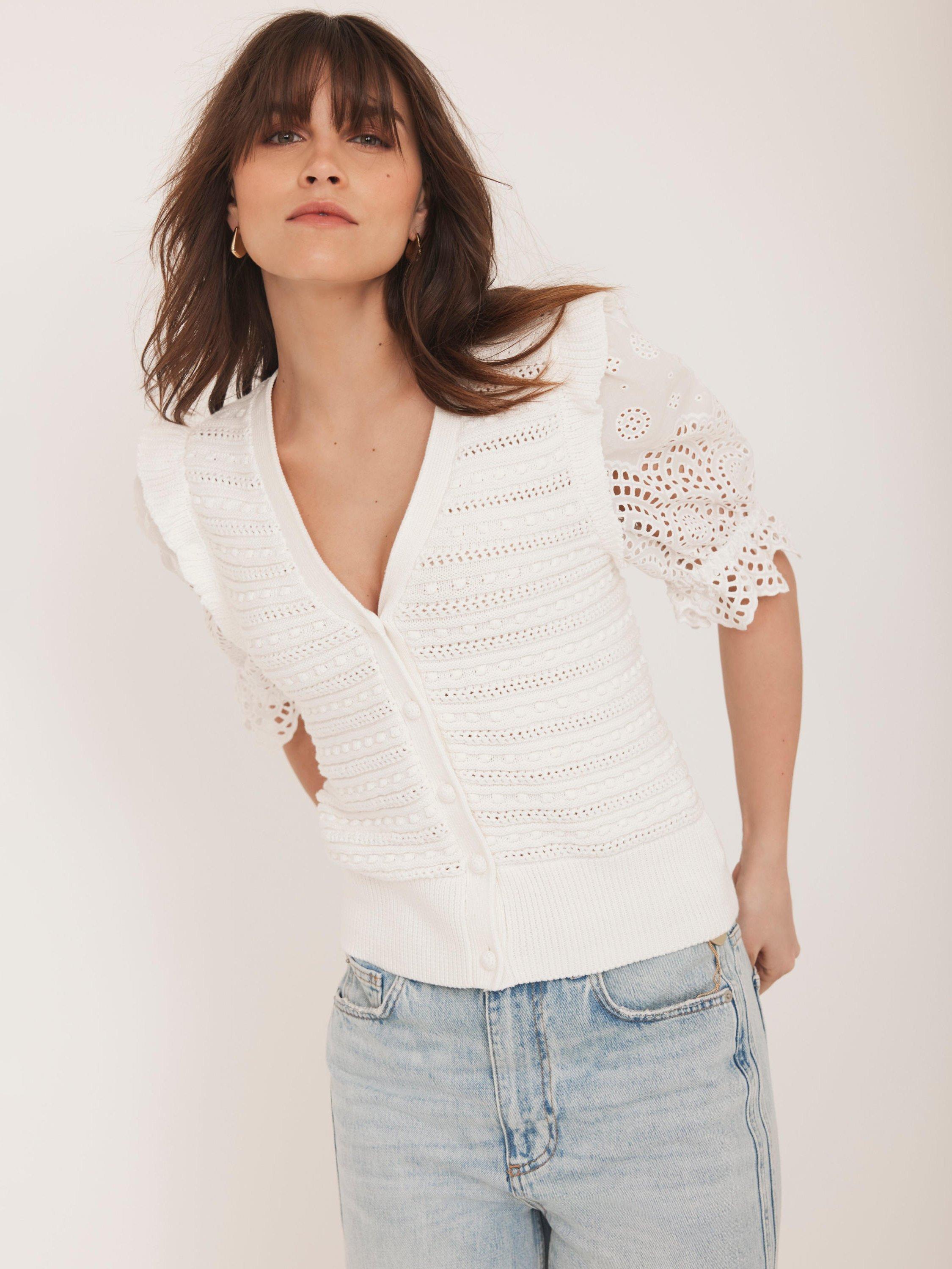 Product image 3 of 8, which shows Mint Velvet Broderie Ruffle Shoulder Cardigan, White Ivory, M