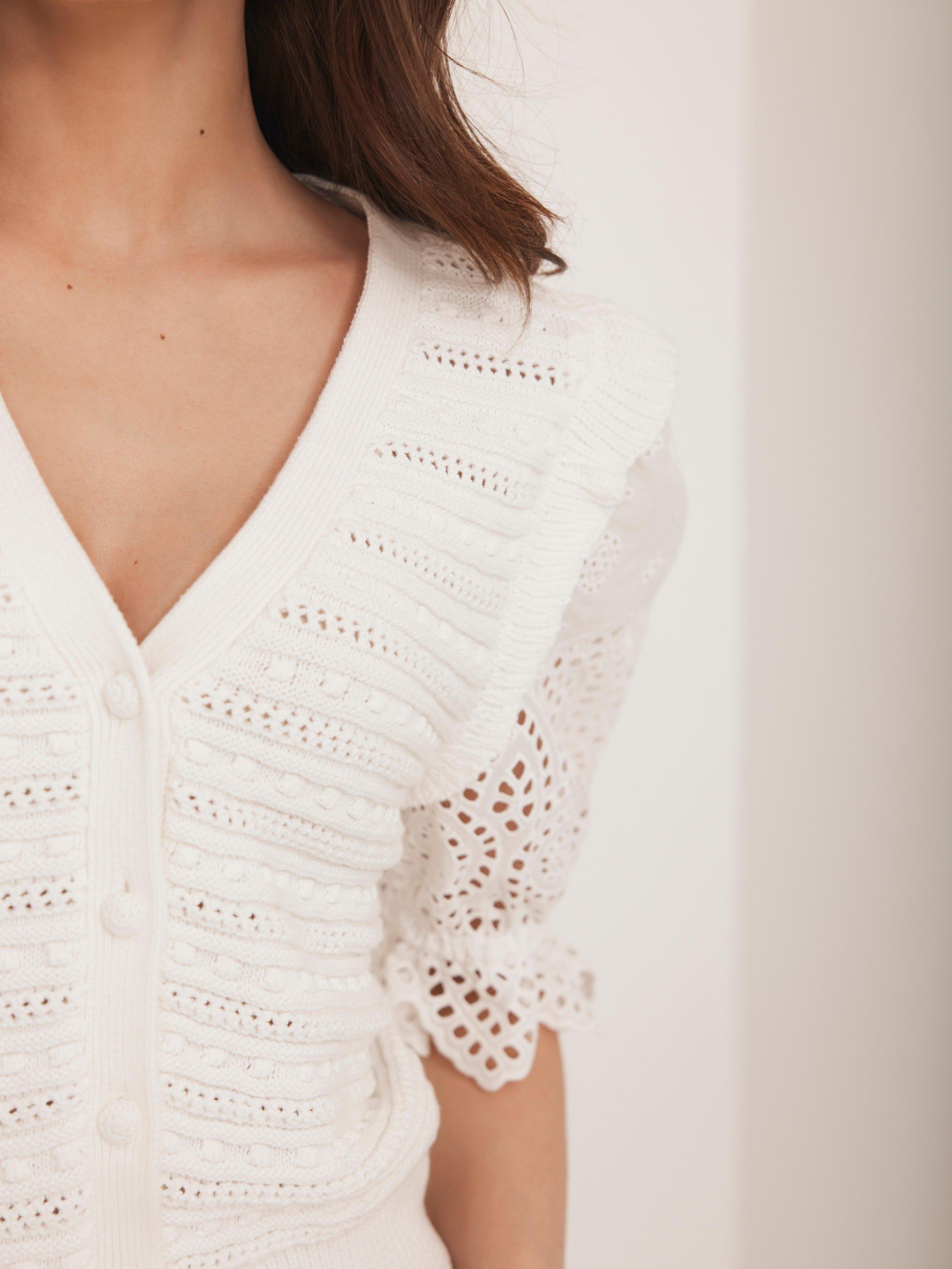 Product image 5 of 8, which shows Mint Velvet Broderie Ruffle Shoulder Cardigan, White Ivory, M