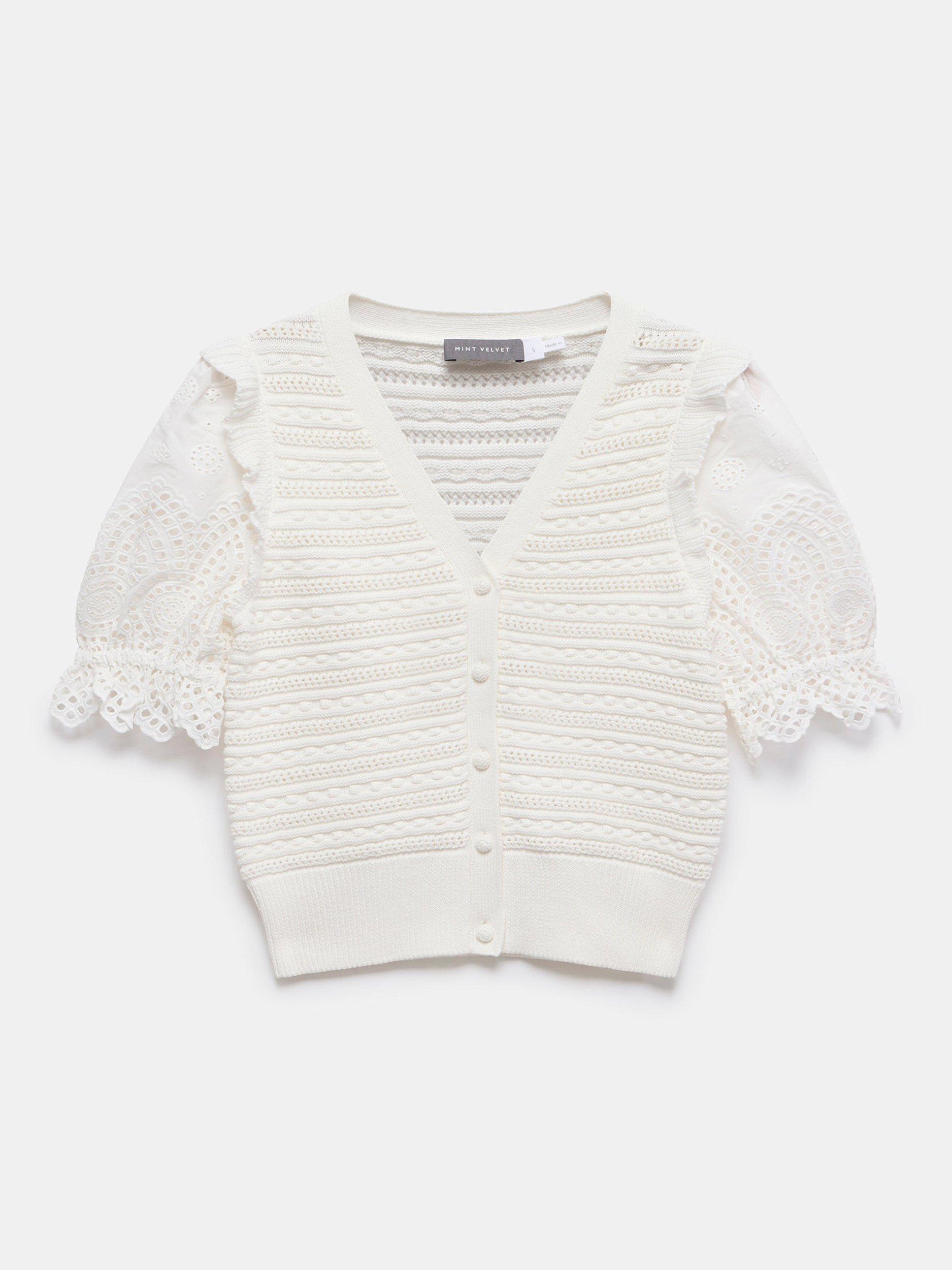 Product image 7 of 8, which shows Mint Velvet Broderie Ruffle Shoulder Cardigan, White Ivory, M