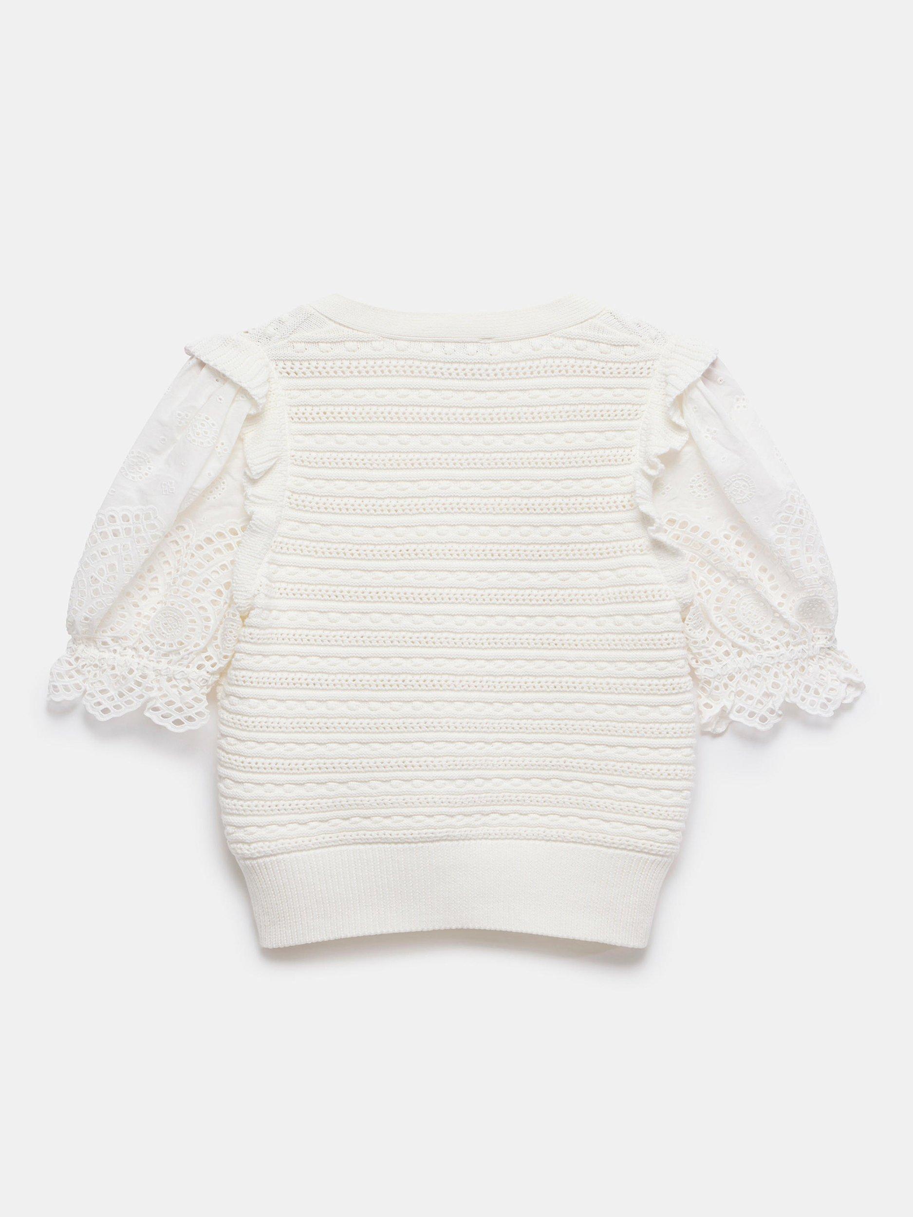 Product image 8 of 8, which shows Mint Velvet Broderie Ruffle Shoulder Cardigan, White Ivory, M
