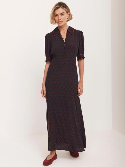 Mint Velvet Heart Print Flared Short Sleeve Collared Midi Dress, Navy/Multi