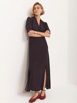 Mint Velvet Heart Print Flared Short Sleeve Collared Midi Dress - view 2, Navy/Multi