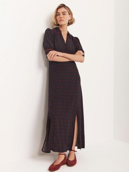 Mint Velvet Heart Print Flared Short Sleeve Collared Midi Dress - view 2, Navy/Multi