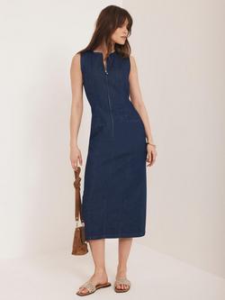 Mint Velvet Sleeveless Straight Crew Neck Cotton Denim Midi Dress, Blue Navy