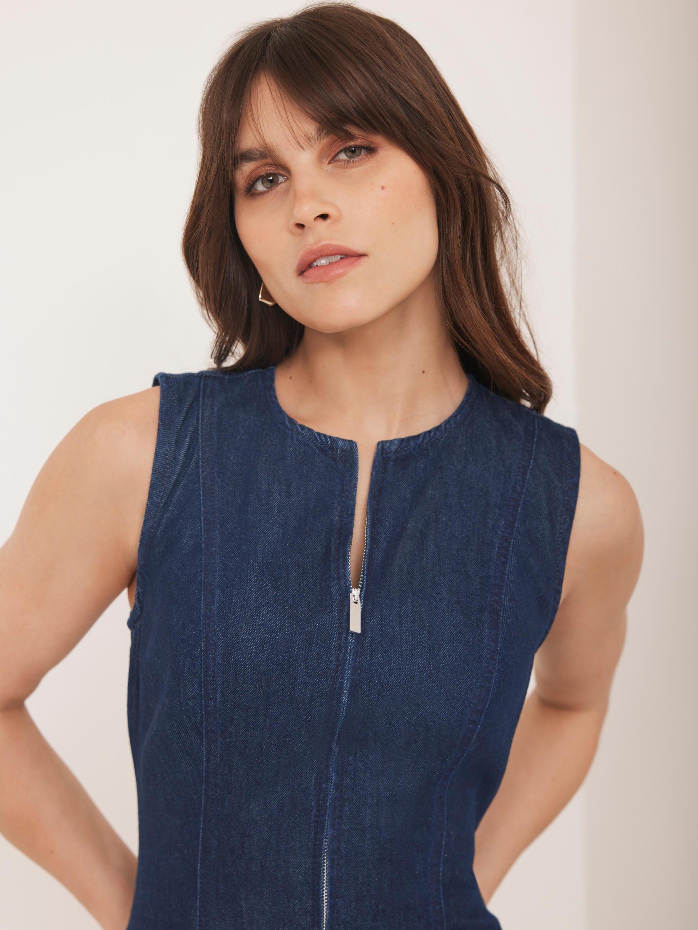 Product image 3 of 8, which shows Mint Velvet Sleeveless Straight Crew Neck Cotton Denim Midi Dress, Blue Navy, 6