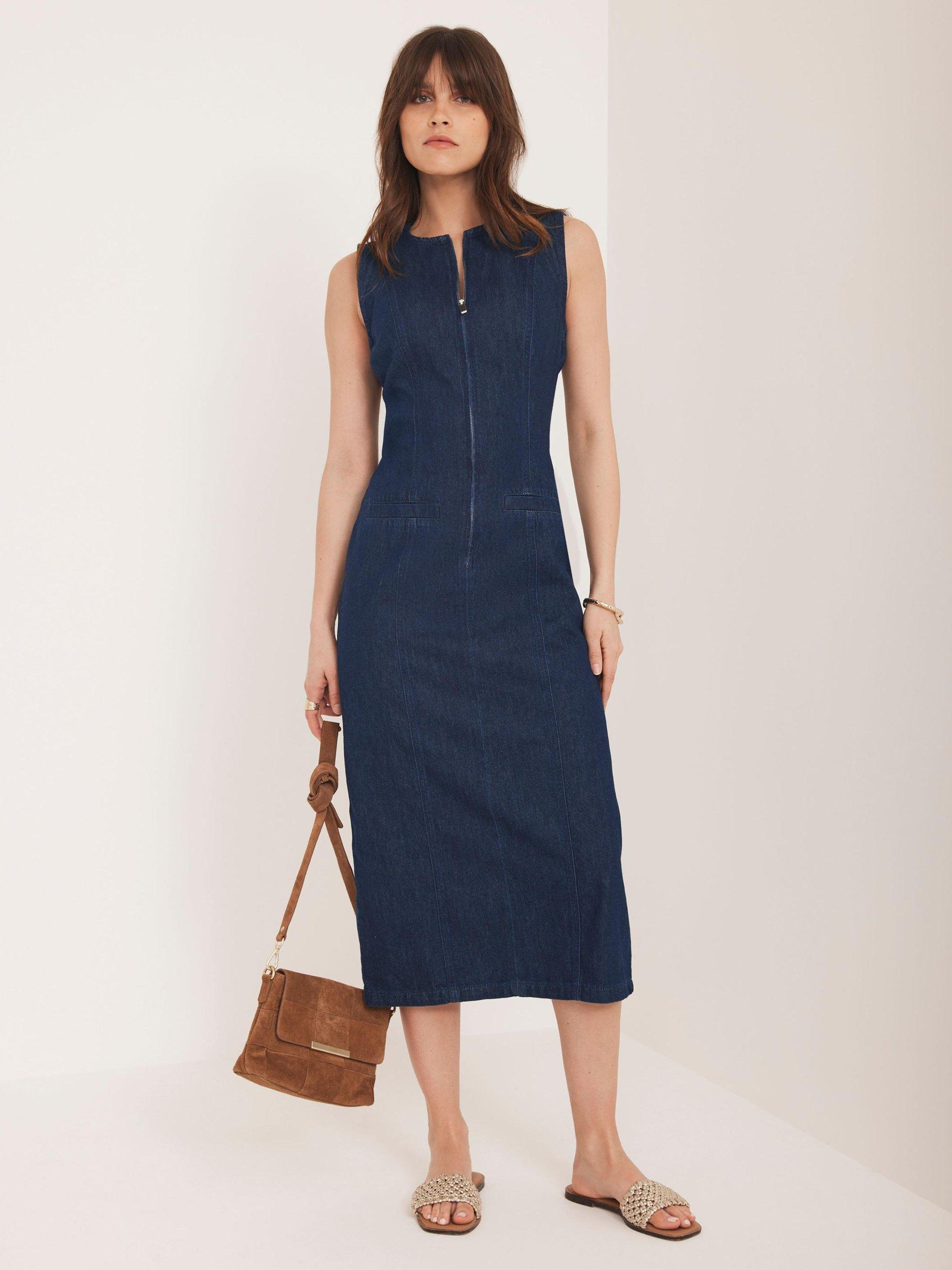 Product image 4 of 8, which shows Mint Velvet Sleeveless Straight Crew Neck Cotton Denim Midi Dress, Blue Navy, 6