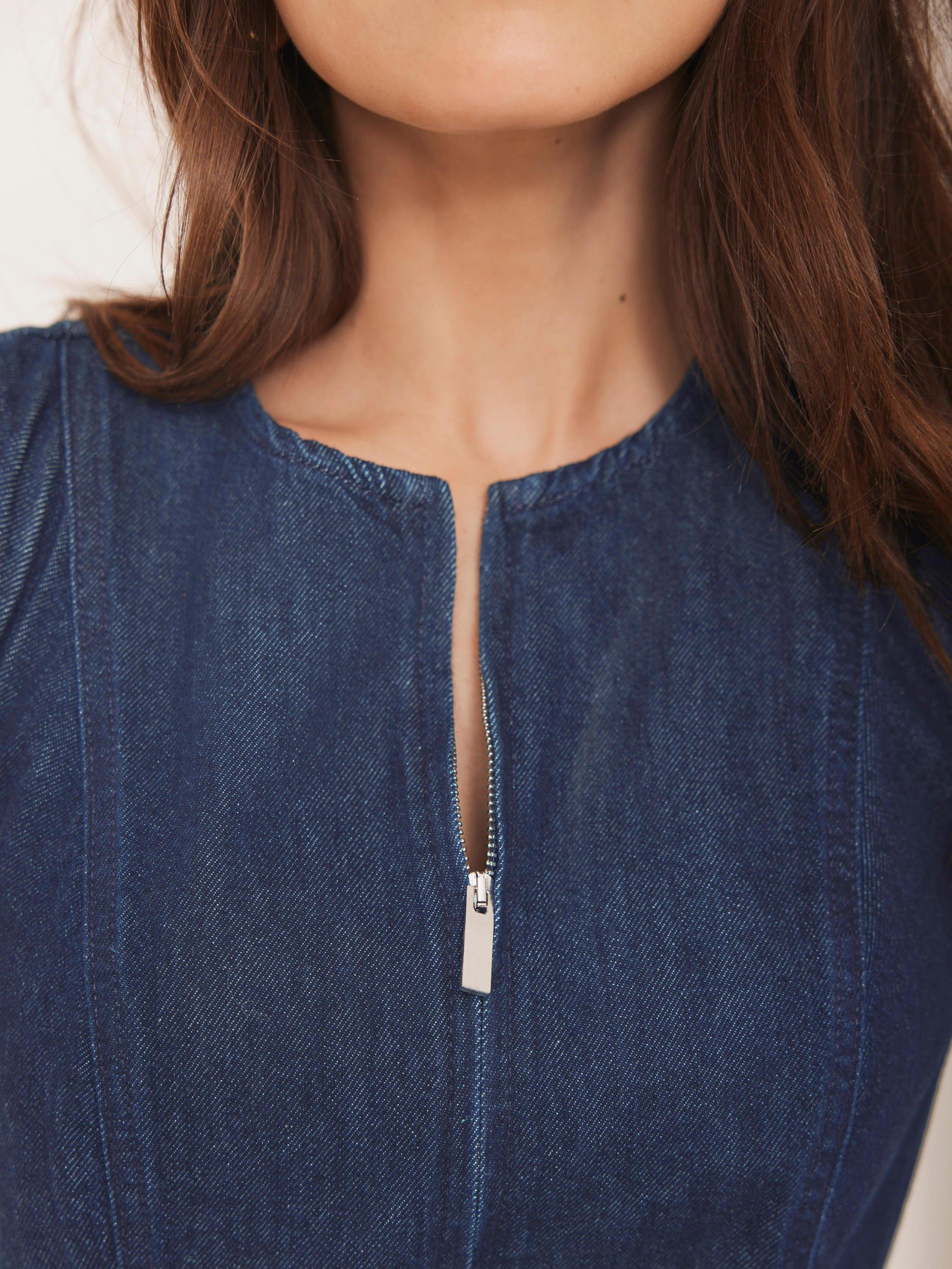 Product image 6 of 8, which shows Mint Velvet Sleeveless Straight Crew Neck Cotton Denim Midi Dress, Blue Navy, 6