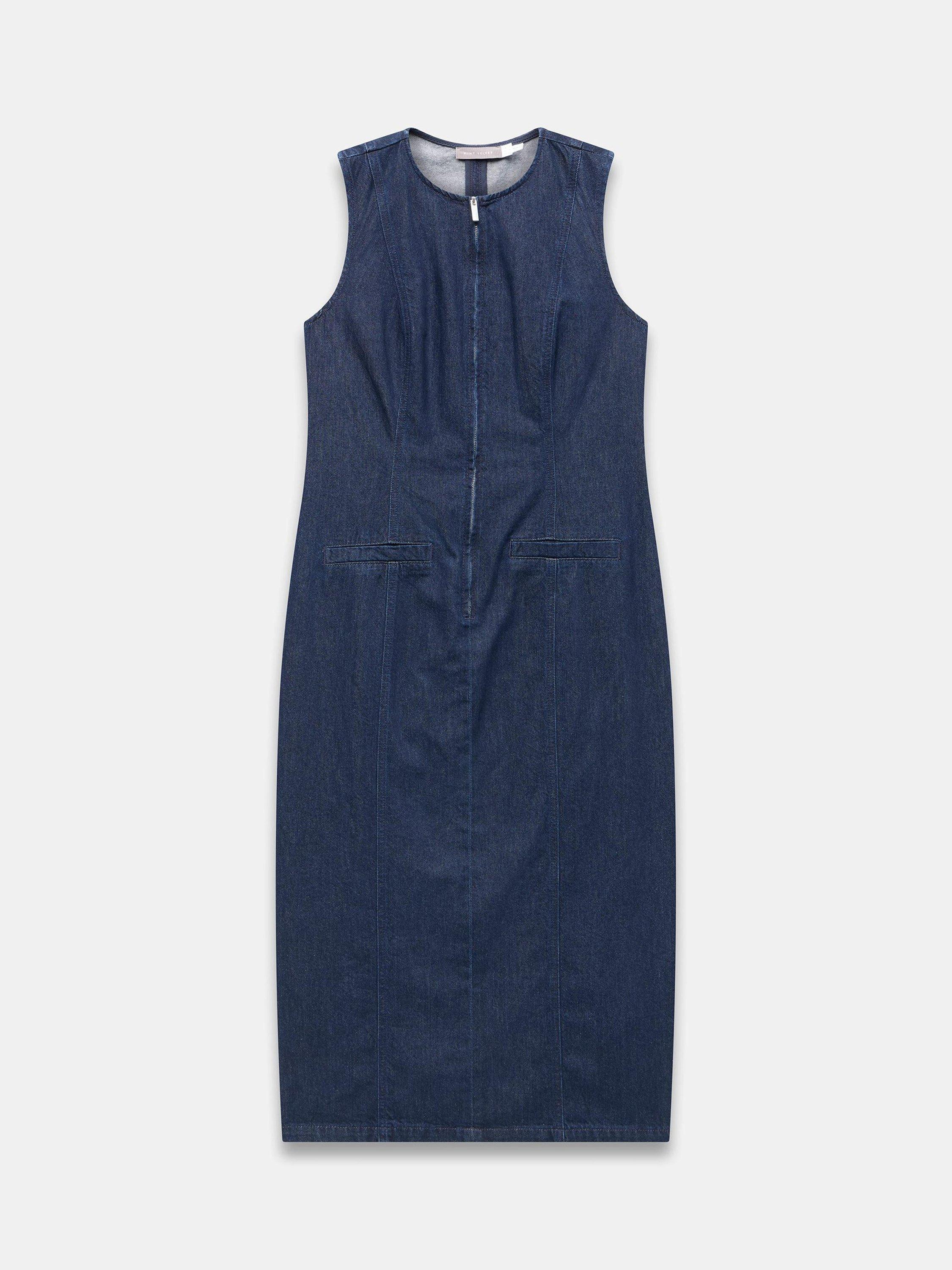 Product image 7 of 8, which shows Mint Velvet Sleeveless Straight Crew Neck Cotton Denim Midi Dress, Blue Navy, 6