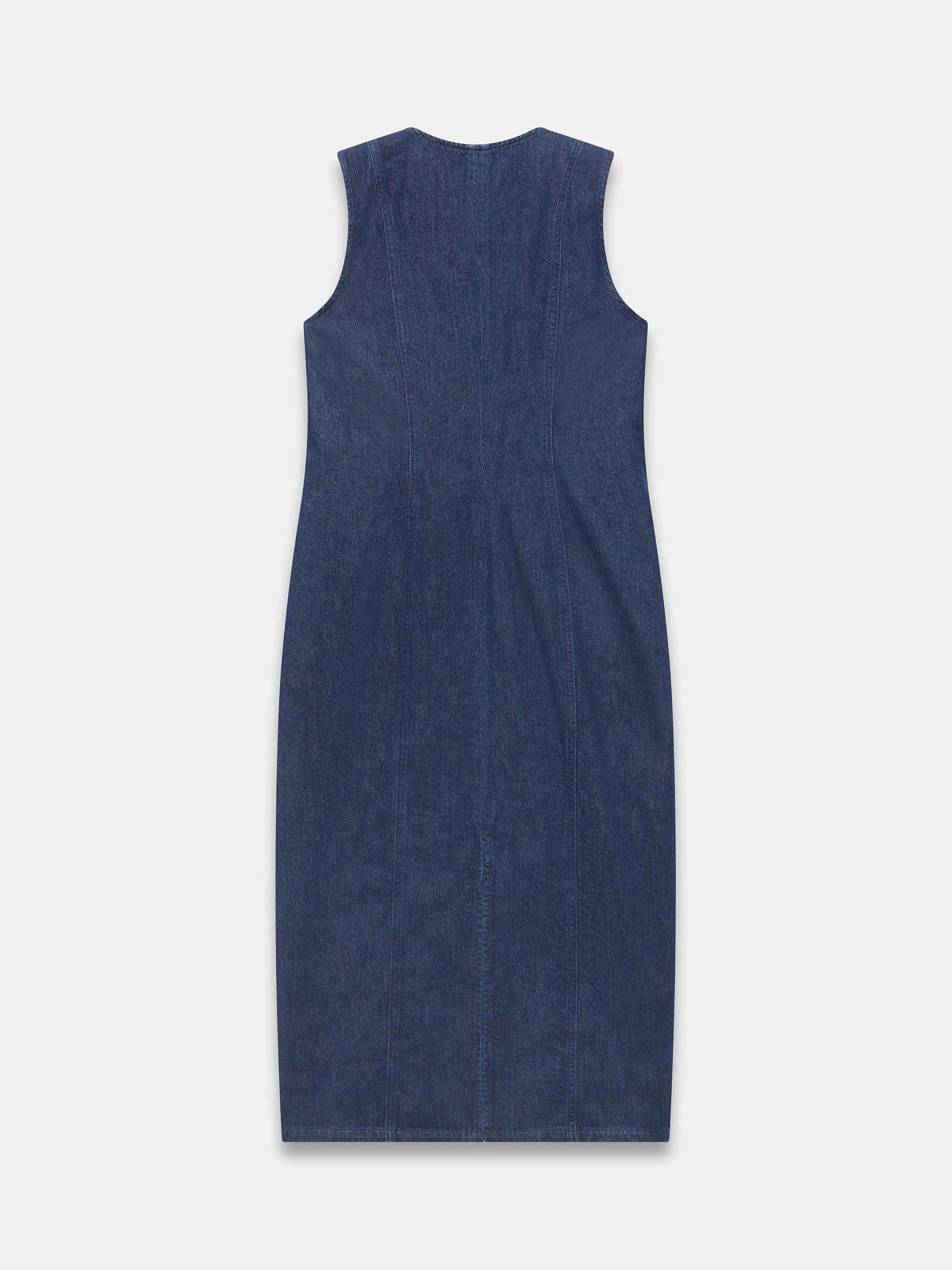 Product image 8 of 8, which shows Mint Velvet Sleeveless Straight Crew Neck Cotton Denim Midi Dress, Blue Navy, 6