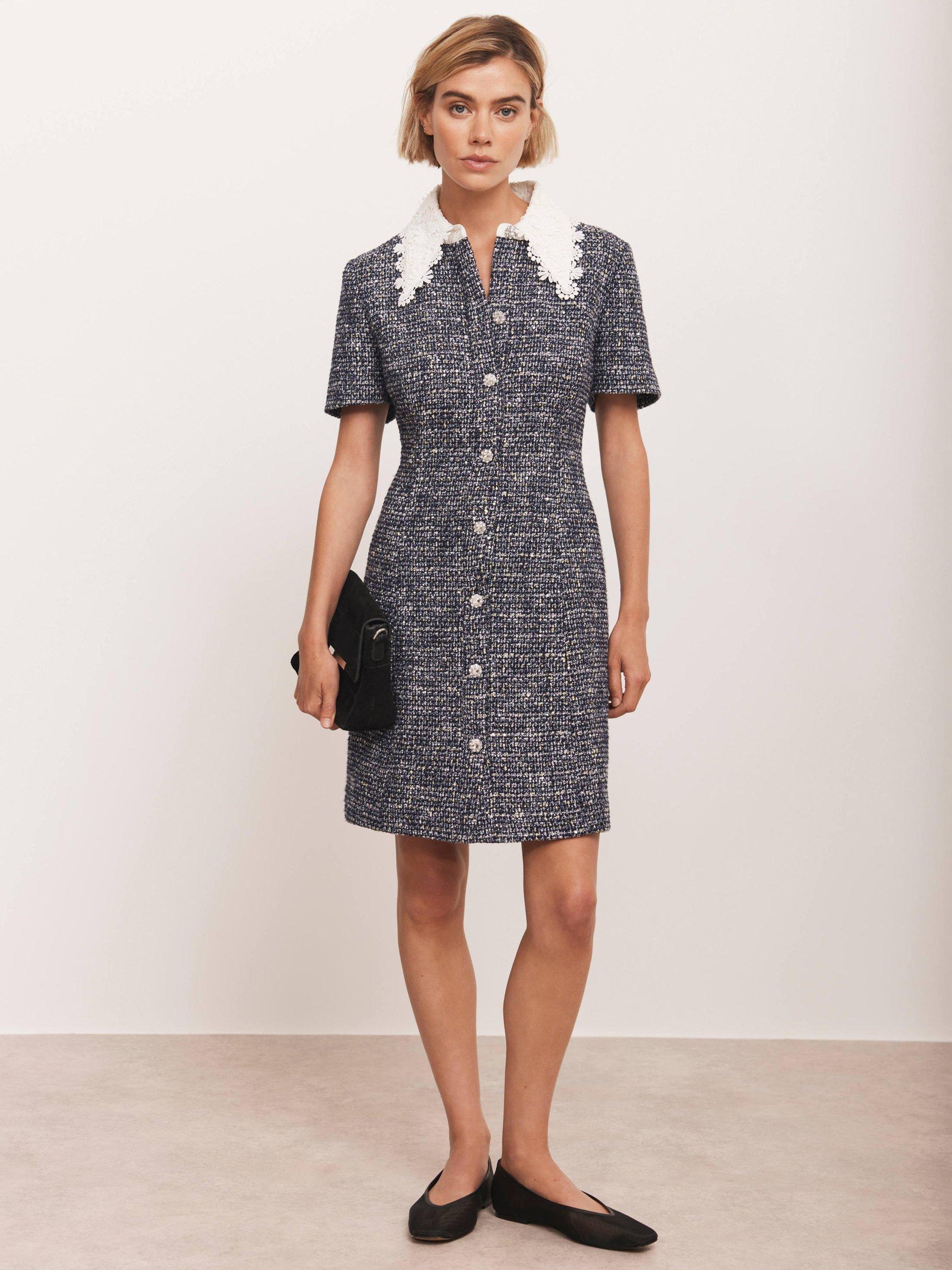 Product image 3 of 8, which shows Mint Velvet Floral Sequin Textured Mini Boucle Dress, Blue Navy, 14