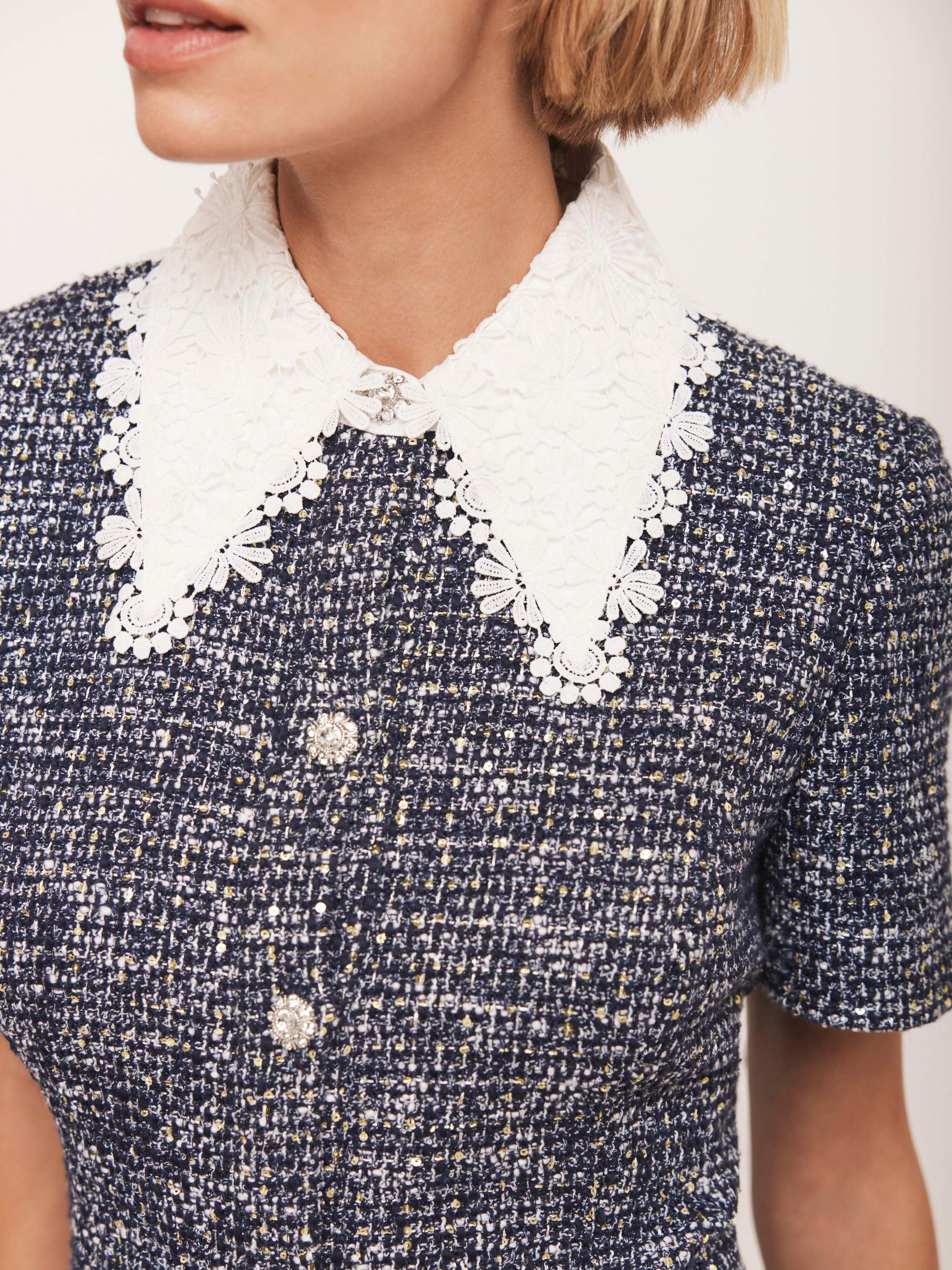 Product image 4 of 8, which shows Mint Velvet Floral Sequin Textured Mini Boucle Dress, Blue Navy, 14