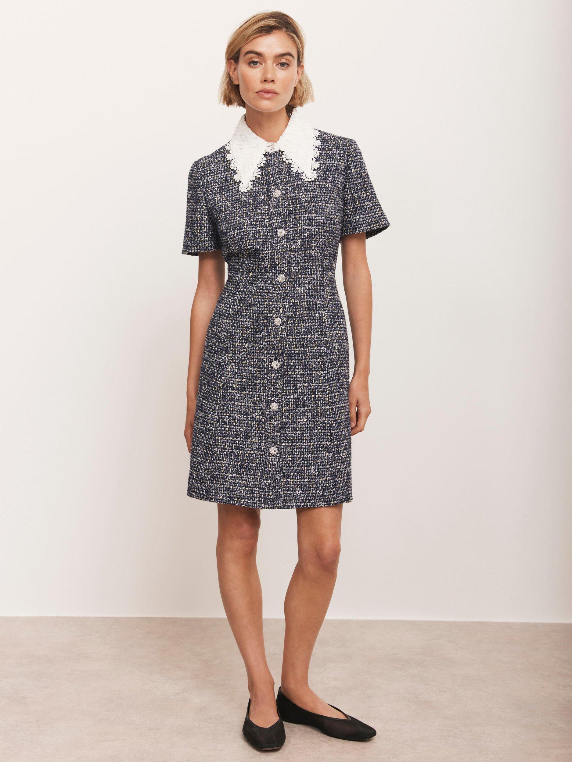 Product image 6 of 8, which shows Mint Velvet Floral Sequin Textured Mini Boucle Dress, Blue Navy, 14