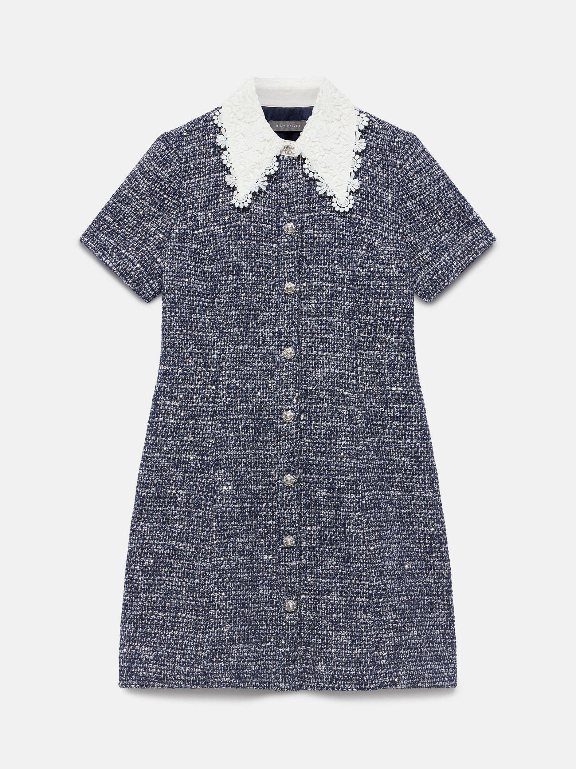 Product image 7 of 8, which shows Mint Velvet Floral Sequin Textured Mini Boucle Dress, Blue Navy, 14