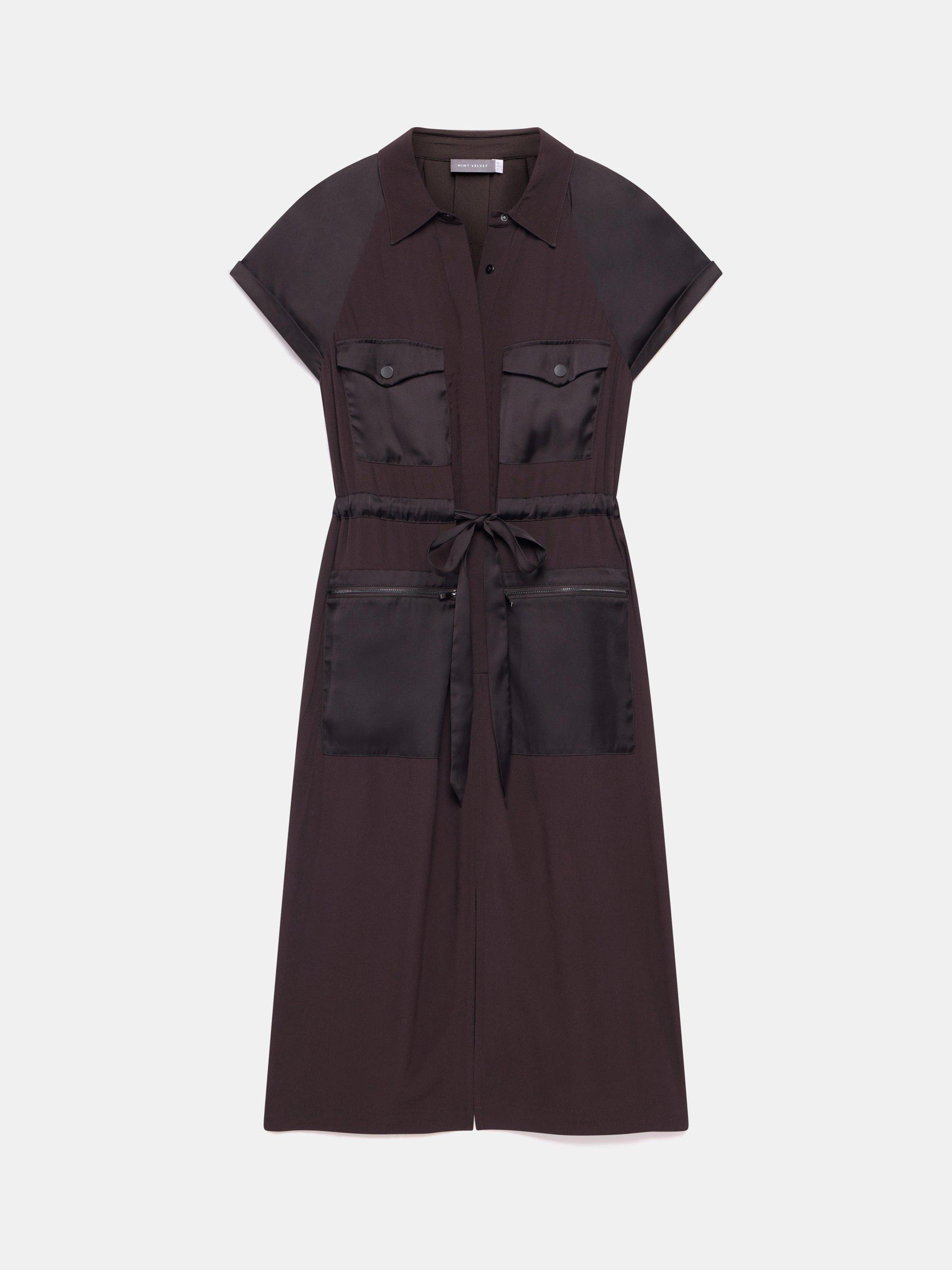 Product image 7 of 8, which shows Mint Velvet Short Sleeve Utility Midi Dress, Brown, 6