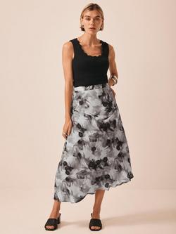 Mint Velvet Floral Print Mid Rise Midi Skirt, Grey/Multi