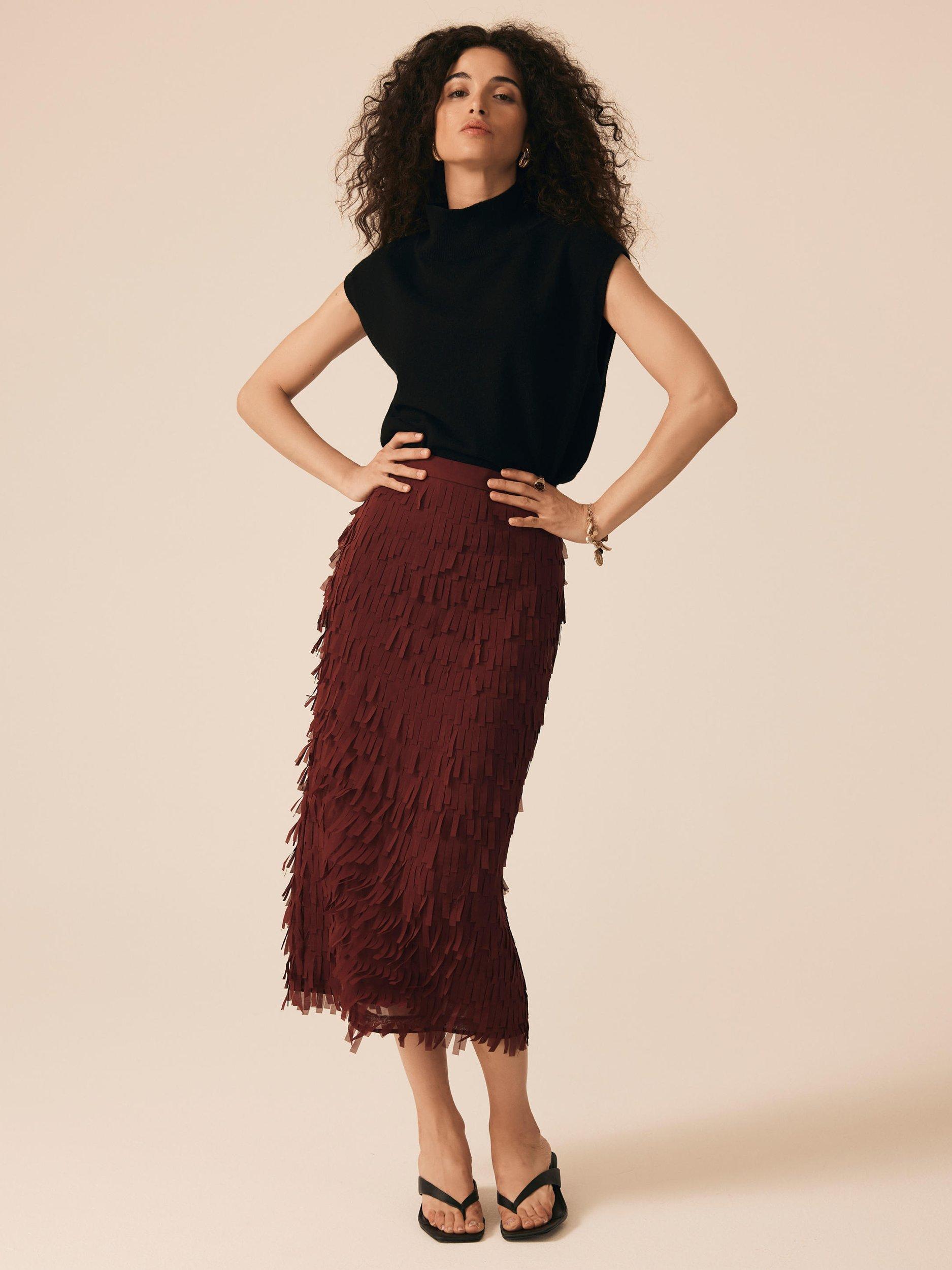 Product image 1 of 8, which shows Mint Velvet Fringed Striaght Midi Skirt, Red, 8