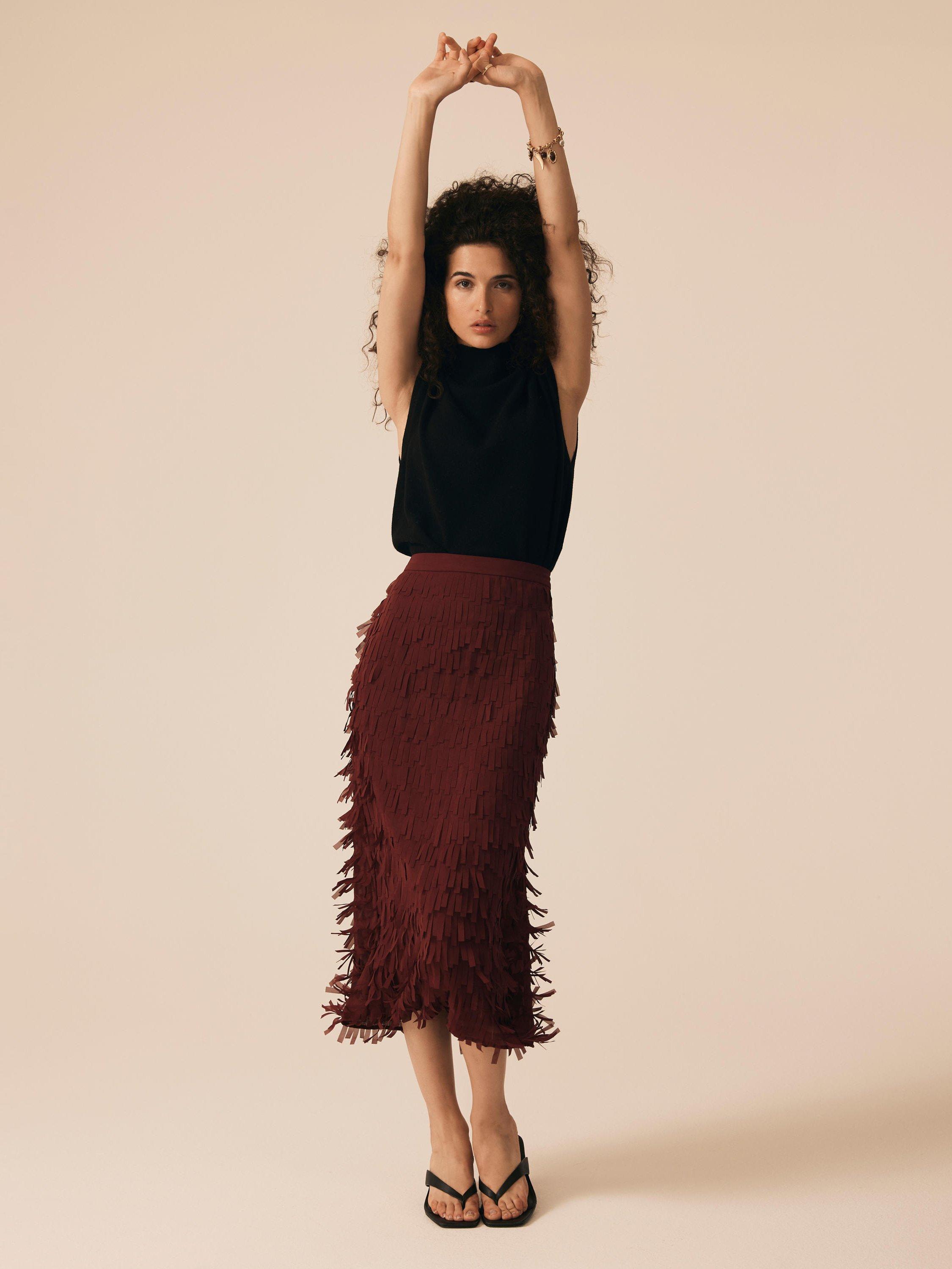 Product image 2 of 8, which shows Mint Velvet Fringed Striaght Midi Skirt, Red, 8
