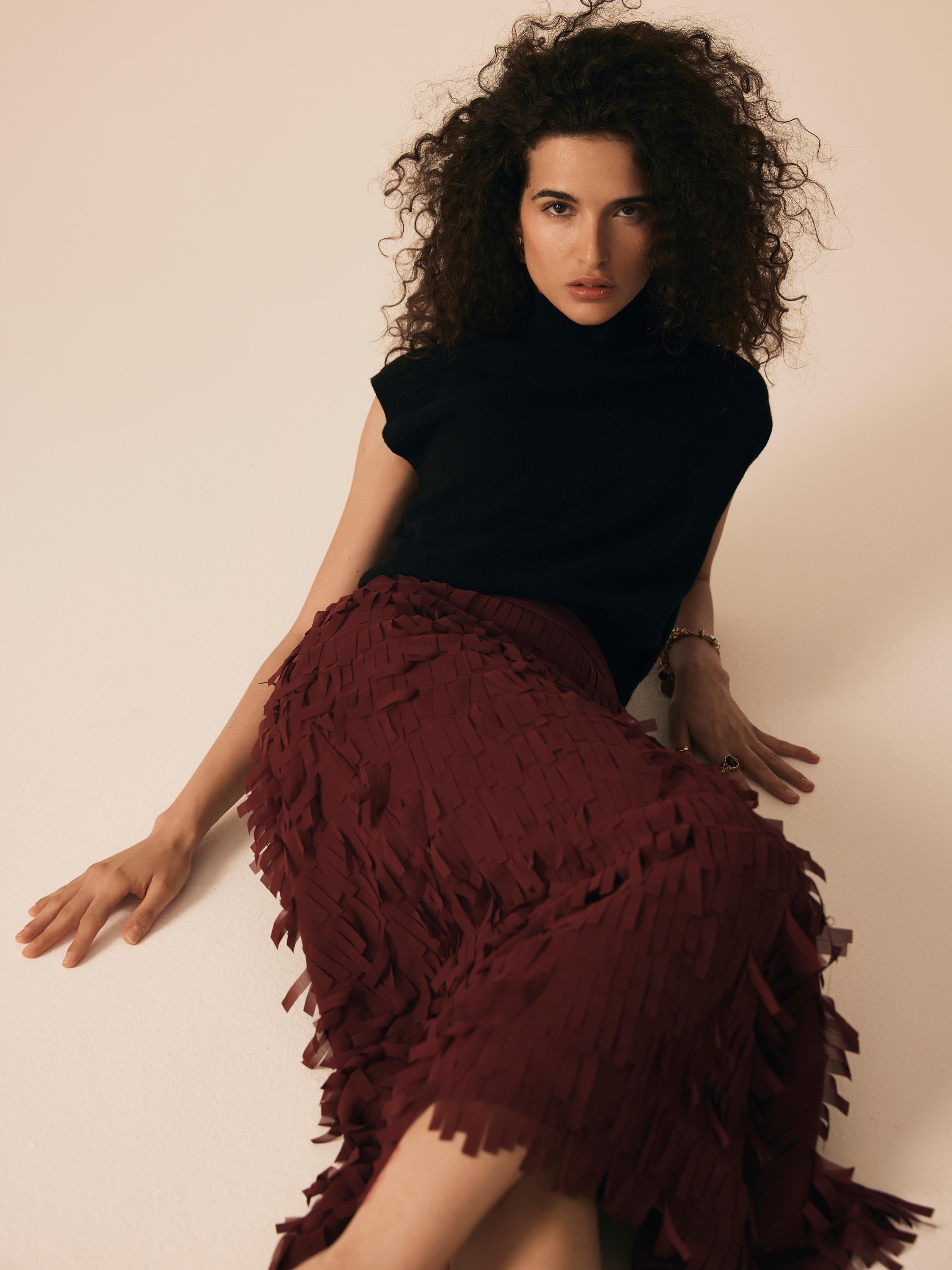 Product image 3 of 8, which shows Mint Velvet Fringed Striaght Midi Skirt, Red, 8