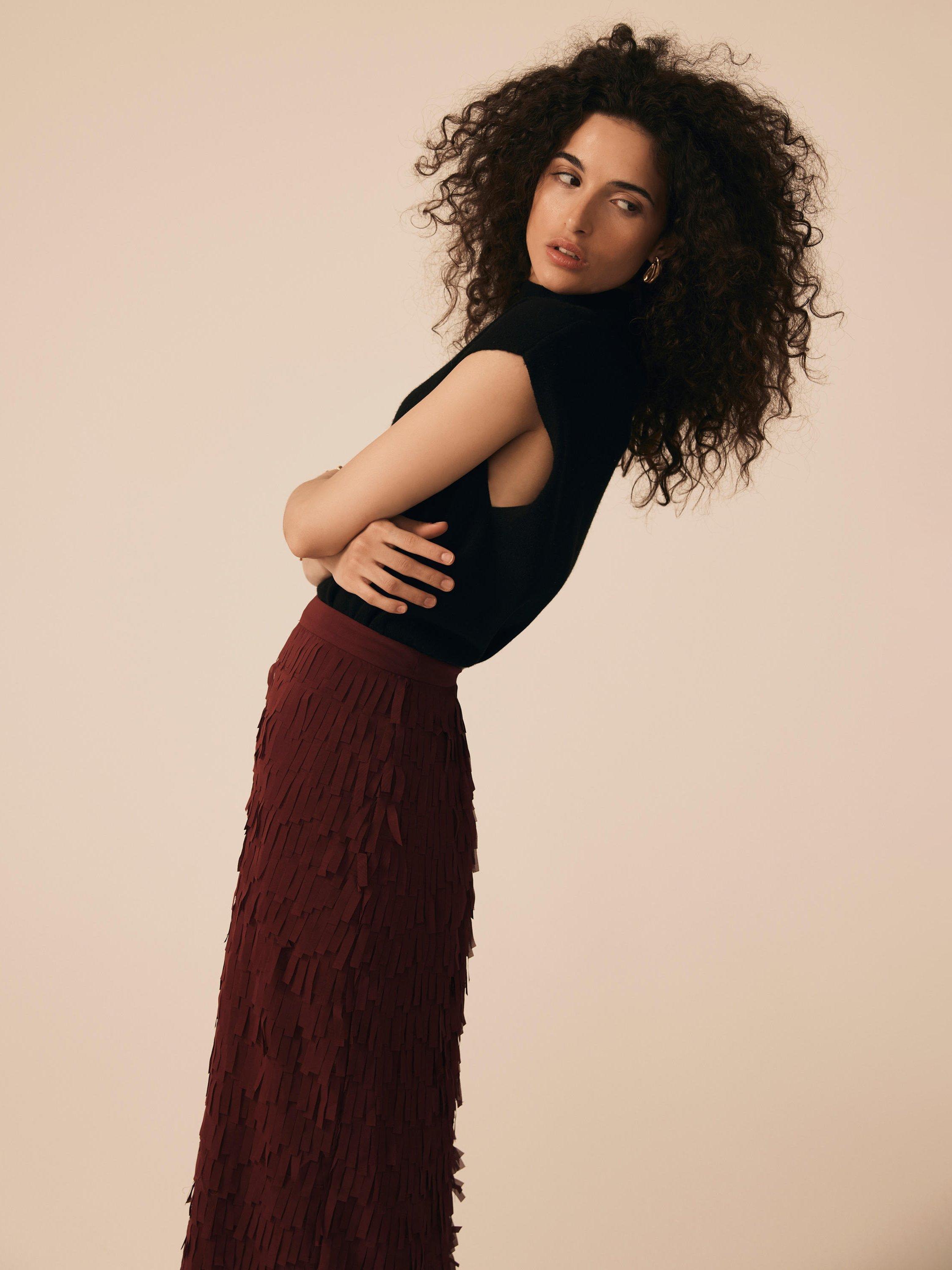 Product image 4 of 8, which shows Mint Velvet Fringed Striaght Midi Skirt, Red, 8