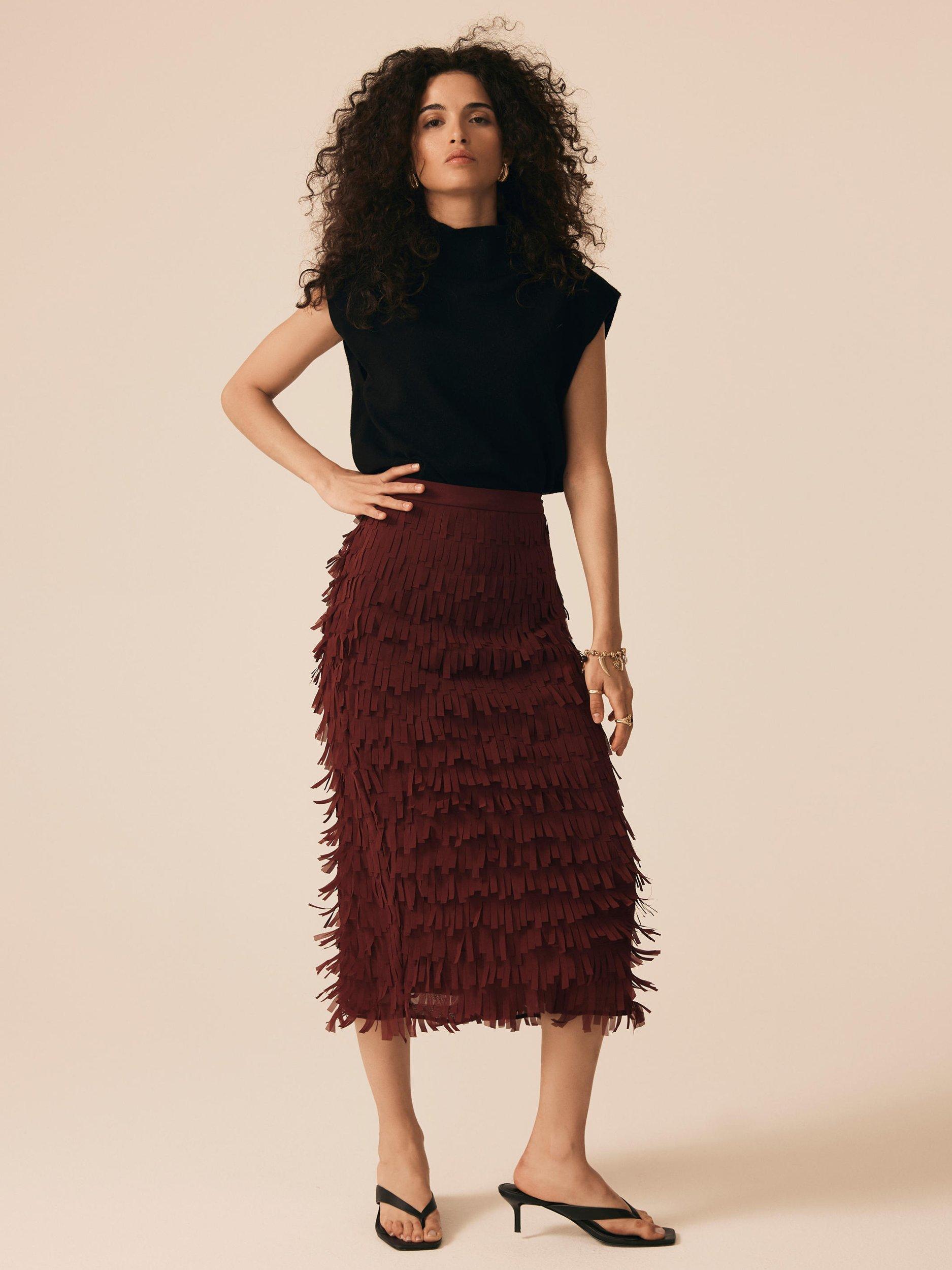 Product image 6 of 8, which shows Mint Velvet Fringed Striaght Midi Skirt, Red, 8