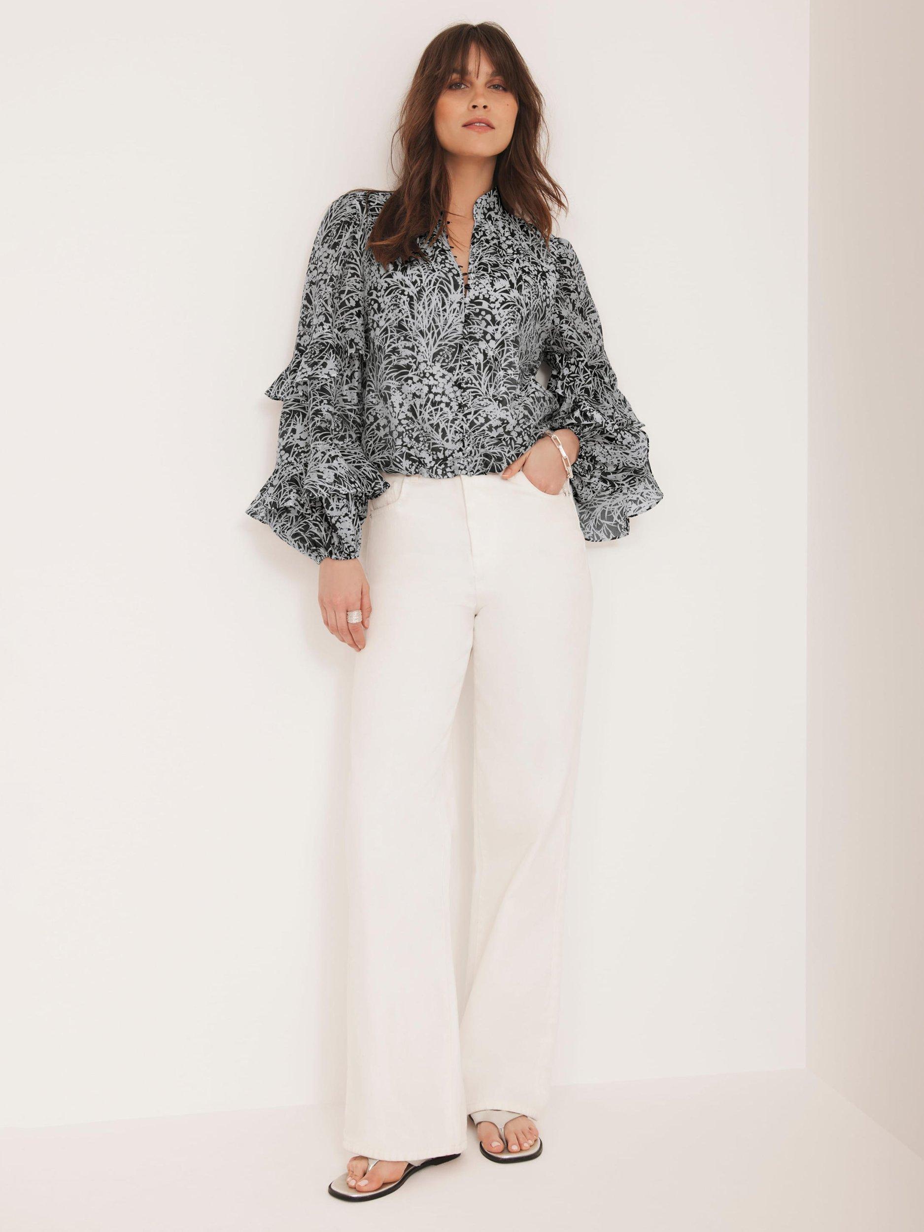 Product image 3 of 8, which shows Mint Velvet Floral Print Long Sleeved V-Neck Cotton Blouse, Black/Multi, XS