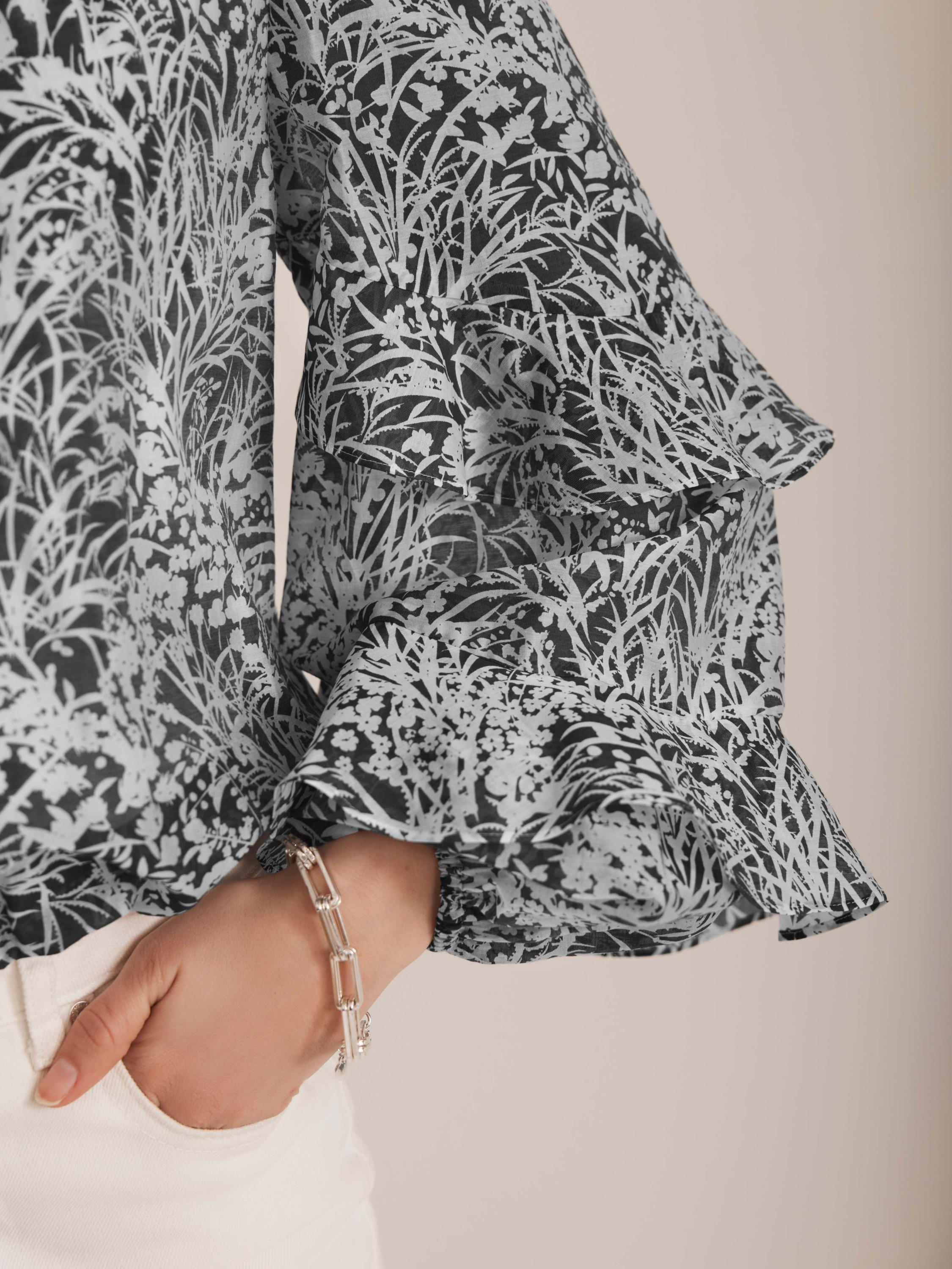 Product image 4 of 8, which shows Mint Velvet Floral Print Long Sleeved V-Neck Cotton Blouse, Black/Multi, XS