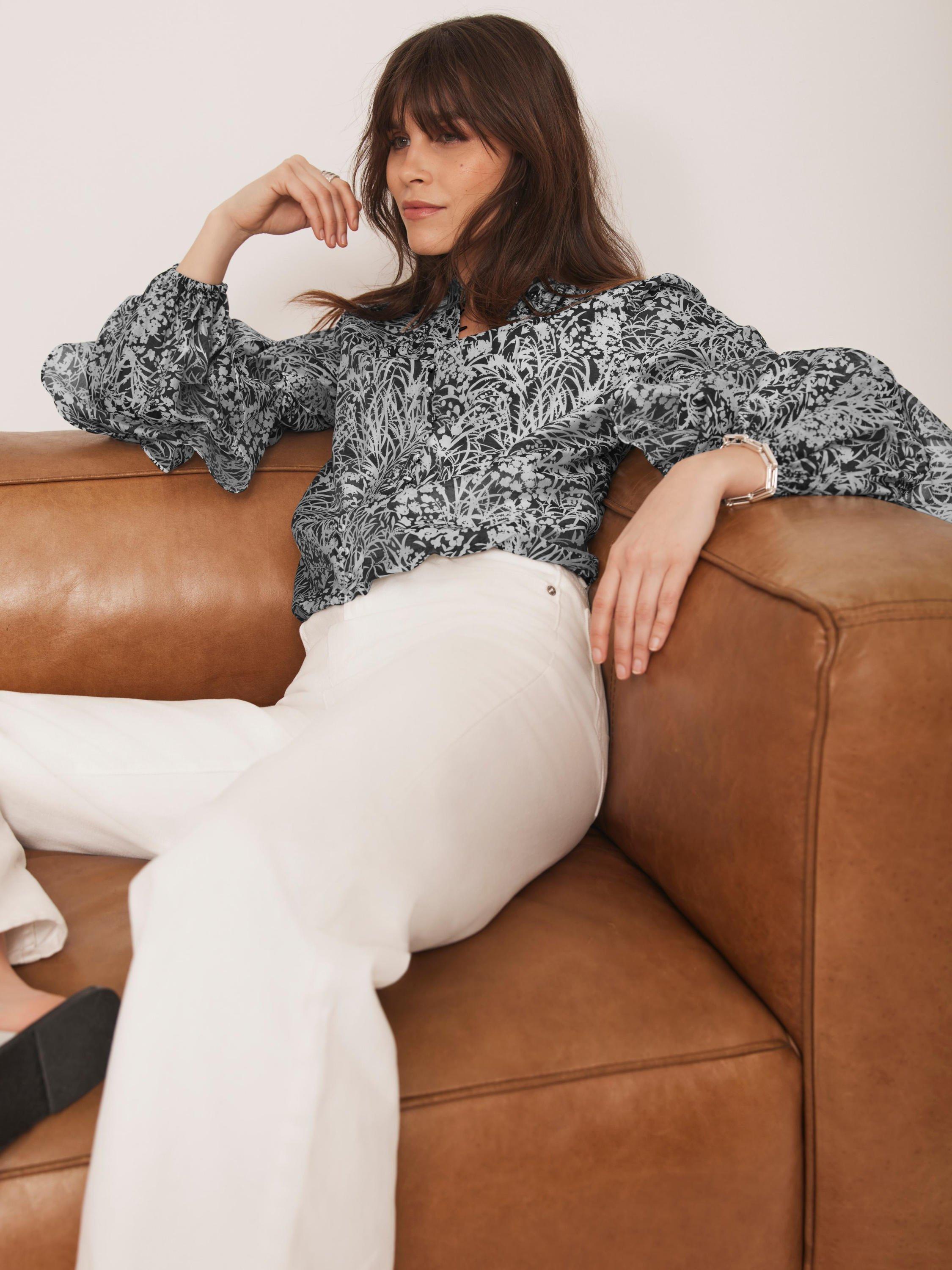 Product image 5 of 8, which shows Mint Velvet Floral Print Long Sleeved V-Neck Cotton Blouse, Black/Multi, XS