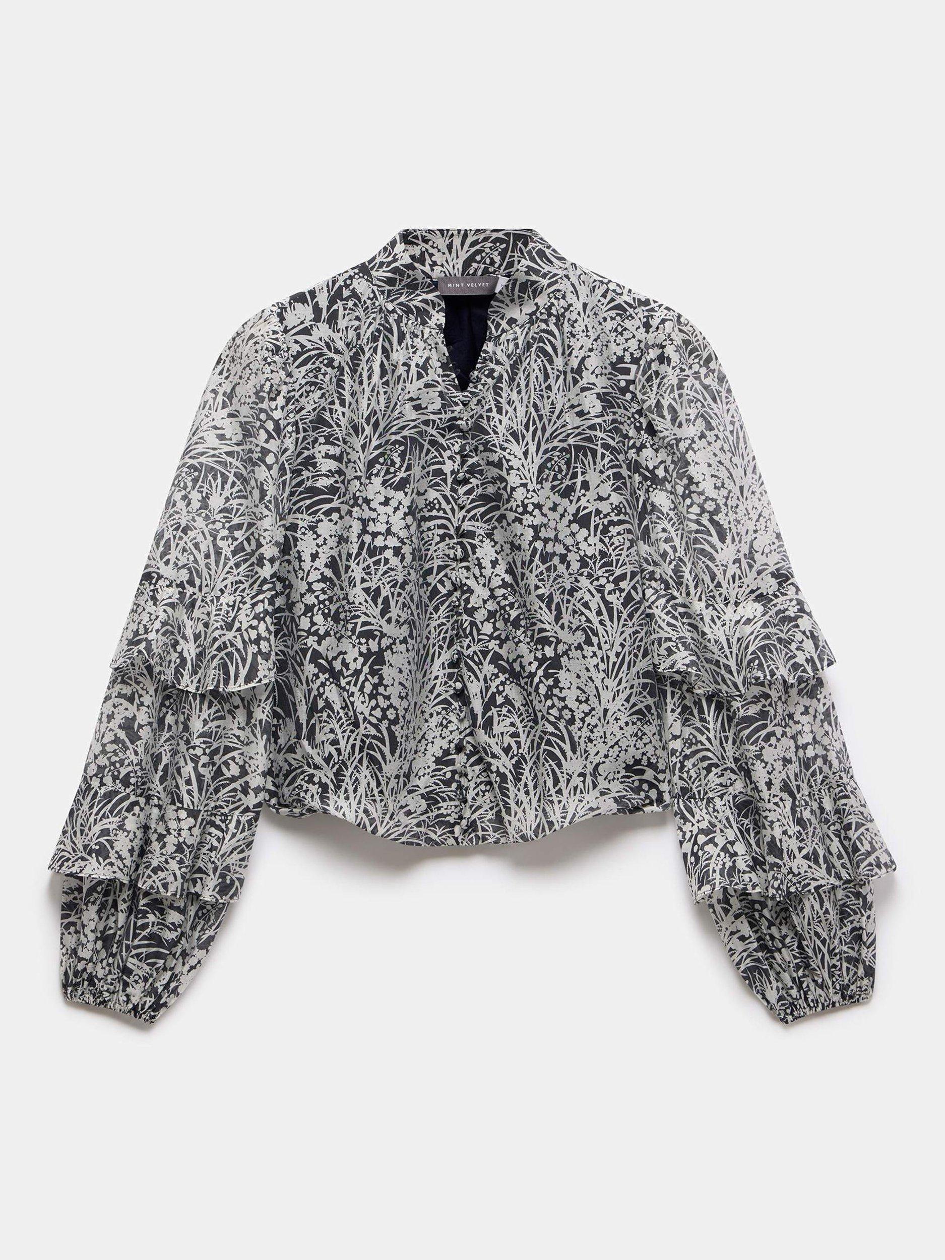 Product image 7 of 8, which shows Mint Velvet Floral Print Long Sleeved V-Neck Cotton Blouse, Black/Multi, XS